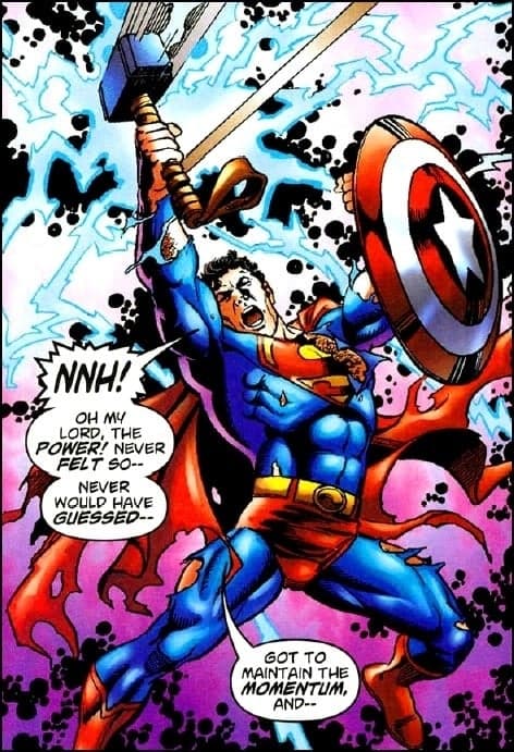 Superman wields Thor's Hammer and Captain America's shield