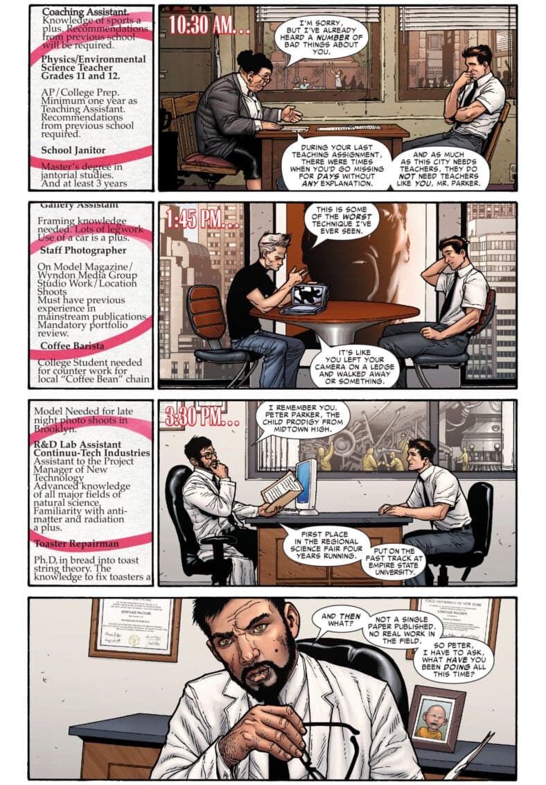 Peter Parker is on the job hunt in Amazing Spider-Man Vol. 1 #546 'Brand New Day' (2008), Marvel Comics. Words by Dan Slott, art by Steve McNiven, Dexter Vines, Morry Hollowell, and Cory Petit.