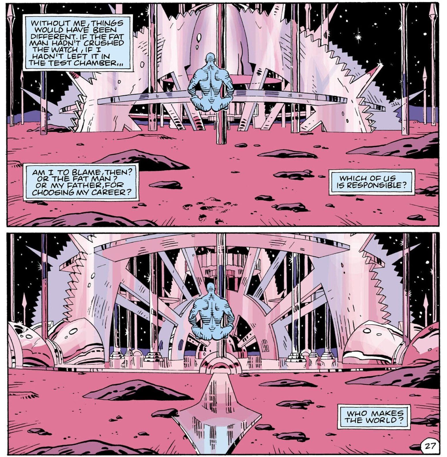 Doctor Manhattan begins the act of creation in Watchmen Vol. 1 #4 "Watchmaker" (1986), DC. Words by Alan Moore, art by Dave Gibbons and John Higgins.