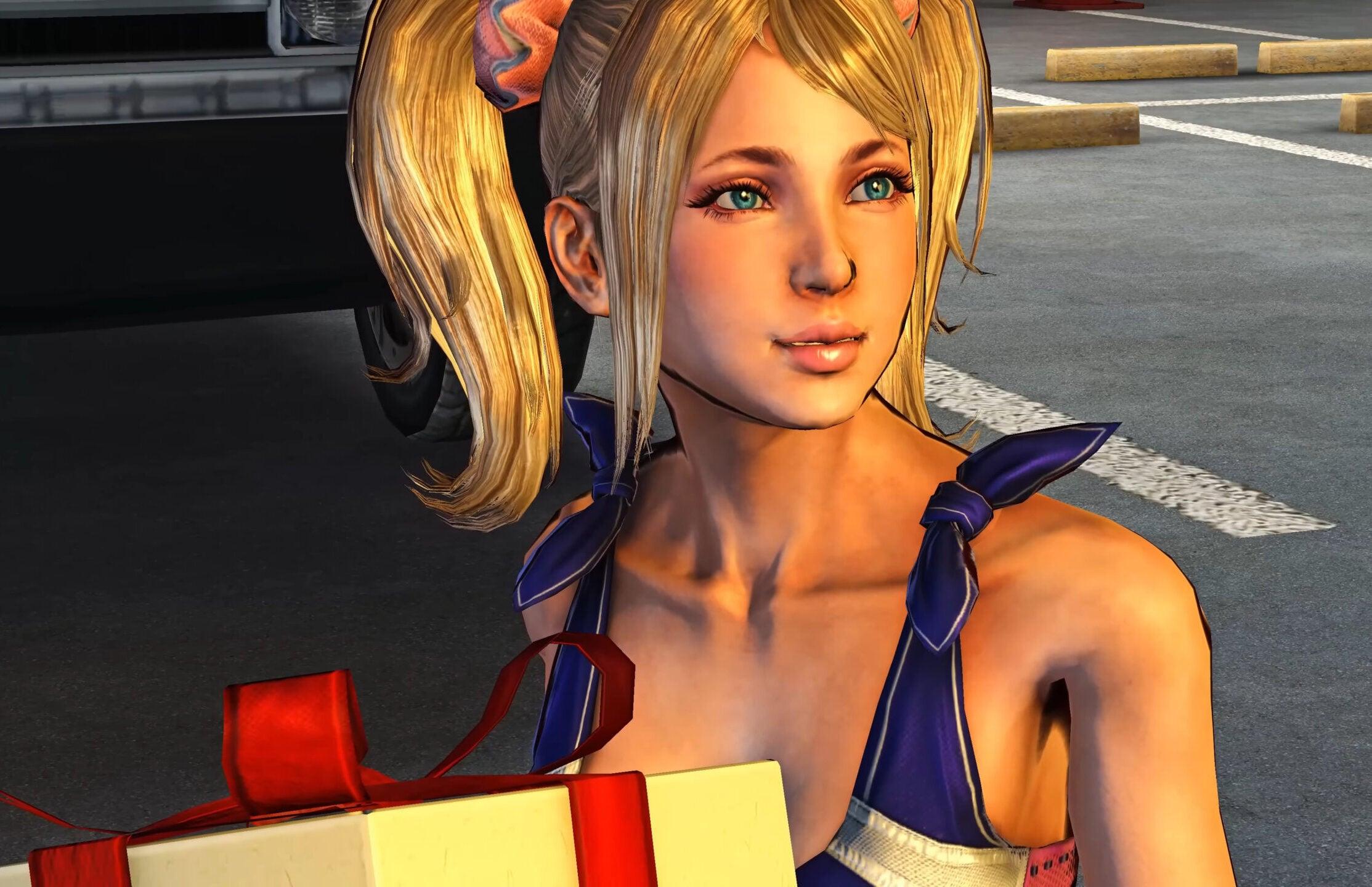 Juliet (Tara Strong) gets a birthday present from her father in Lollipop Chainsaw (2012), Kadokawa Games