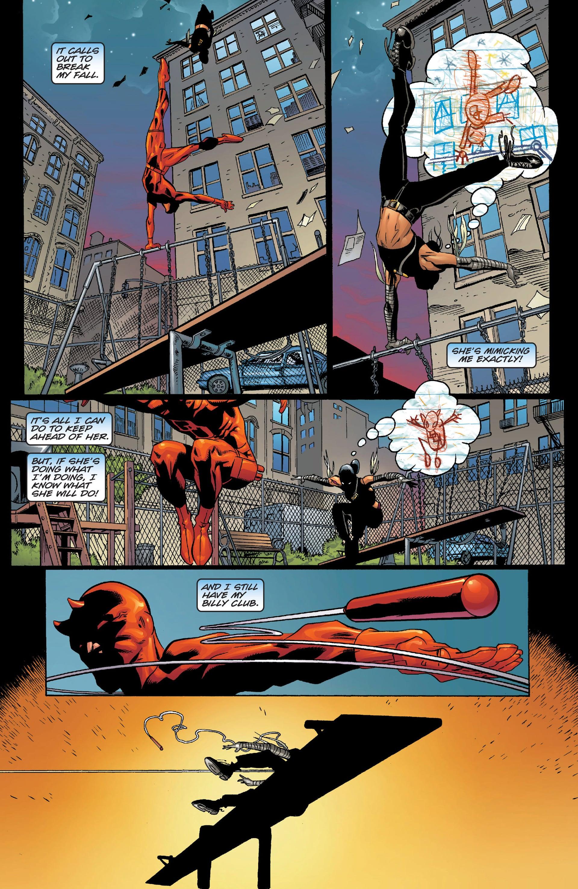 The Man Without Fear attempts to analyze Echo's fighting style in Daredevil Vol. 2 #11 "Dinner and a Movie" (1999), Marvel Comics. Words by David Mack, art by Joe Quesada, Jimmy Palmiotti, Richard Isanove, and Richard Starkings.