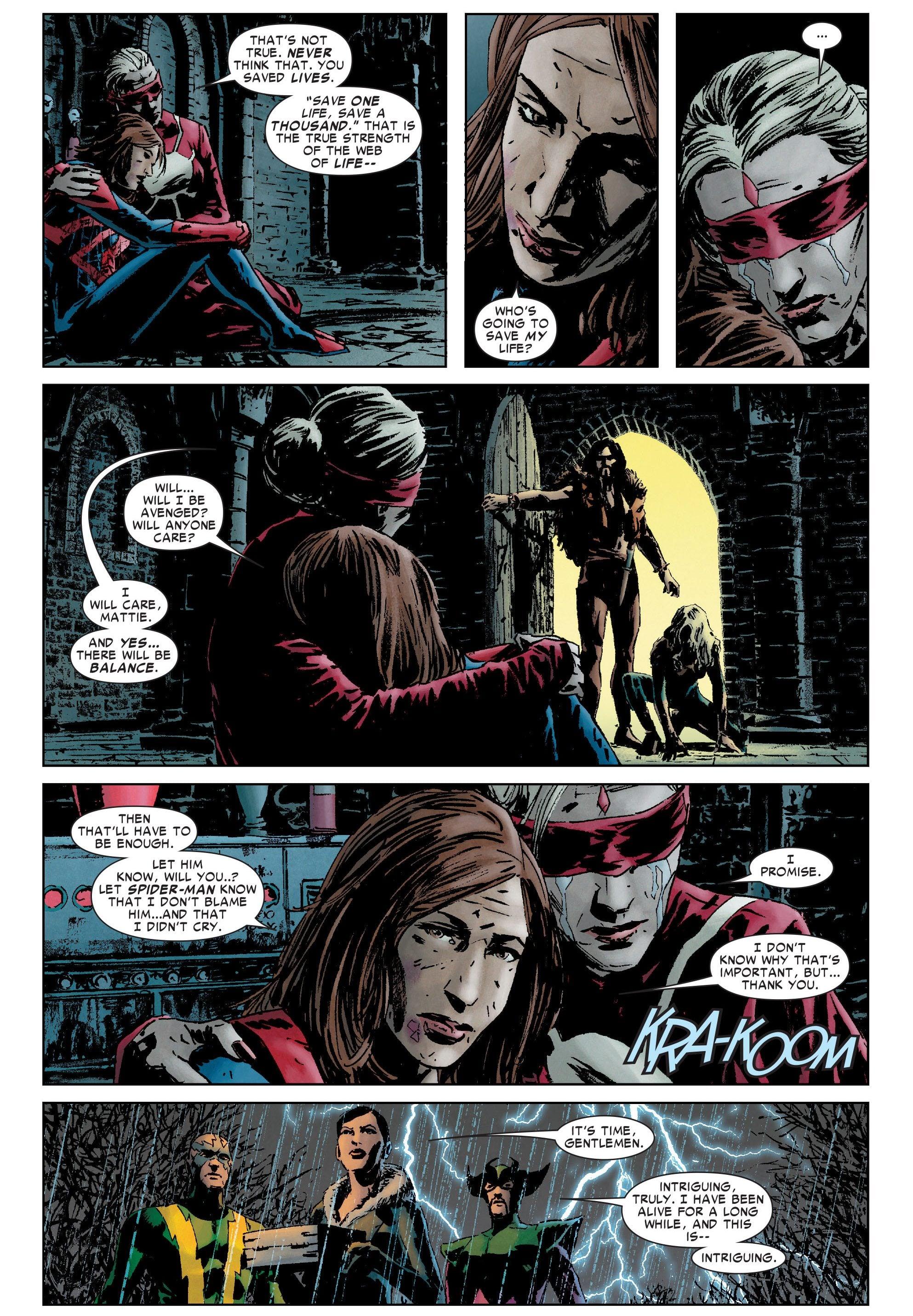 Mattie Franklin has one final request for Madame Web in Amazing Spider-Man Vol. 1 #634 "The Grim Hunt: Chapter 1" (2010), Marvel Comics. Words by Joe Kelly, art by Michael Lark, Stefano Gaudiano, Matt Hollingsworth, and Joe Caramagna.
