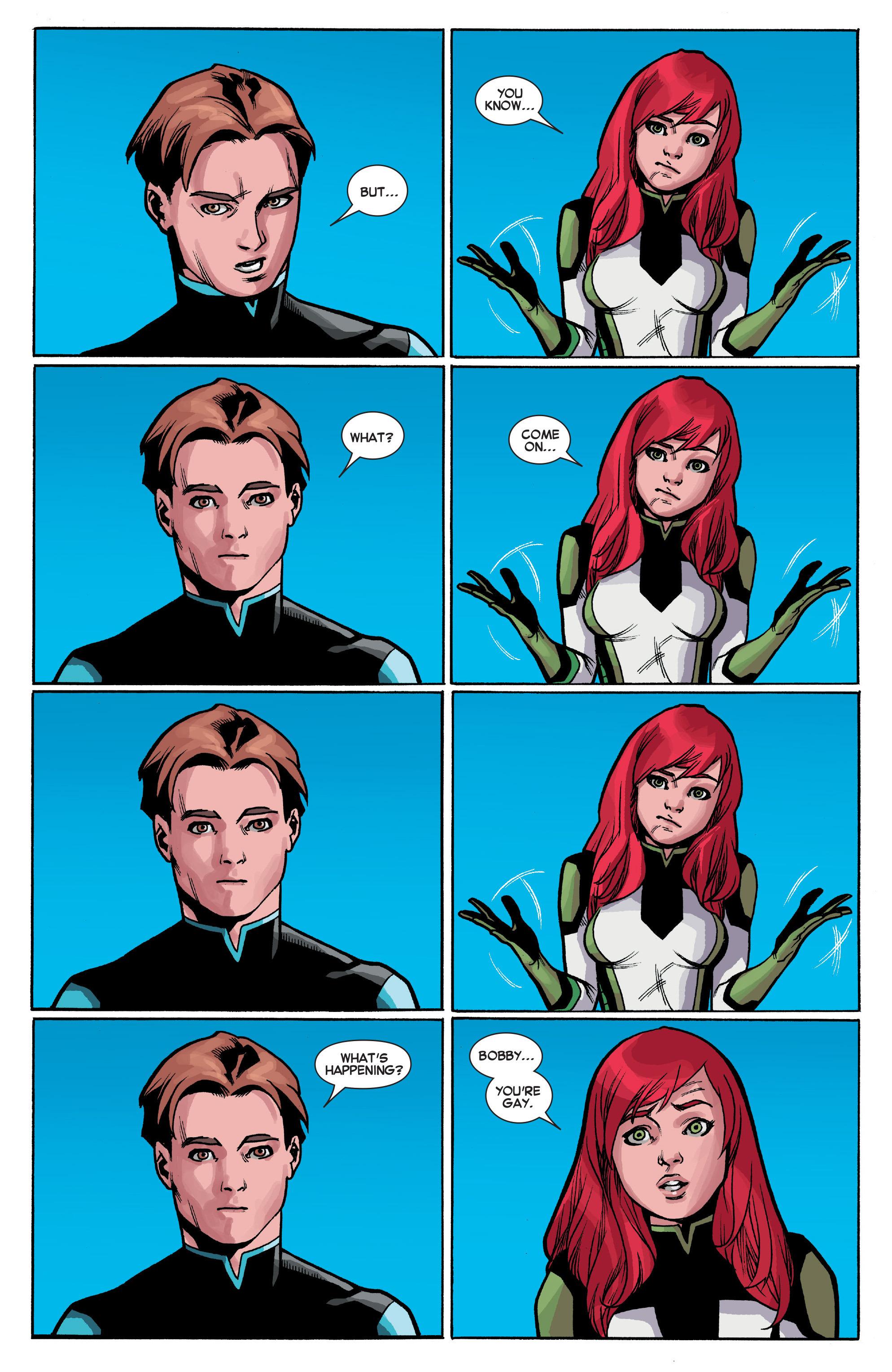 Jean Grey informs Bobby Drake of his new sexuality in All-New X-Men Vol. 1 #40 "Utopians" (2015), Marvel Comics. Words by Brian Michael Bendis, art by Mahmud Asrar and Rain Beredo.