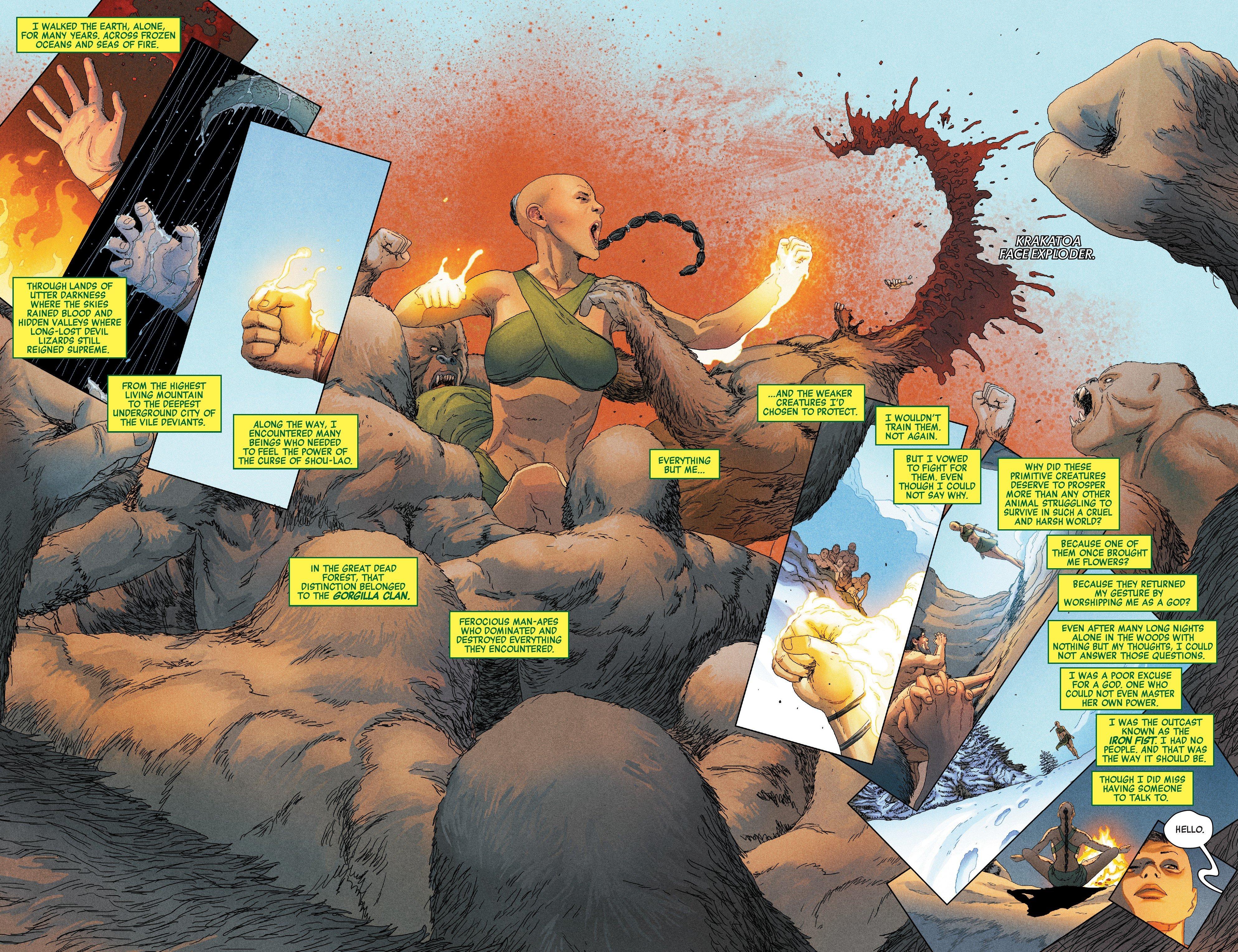Fan Fei rages against the Gorilla Clan in Avengers Vol. 8 #13 "The Girl Who Punched The Dragon" (2019), Marvel Comics. Words by Jason Aaron, art by Andrea Sorrentino, Justin Ponsor, Erick Arciniega, and Cory Petit.
