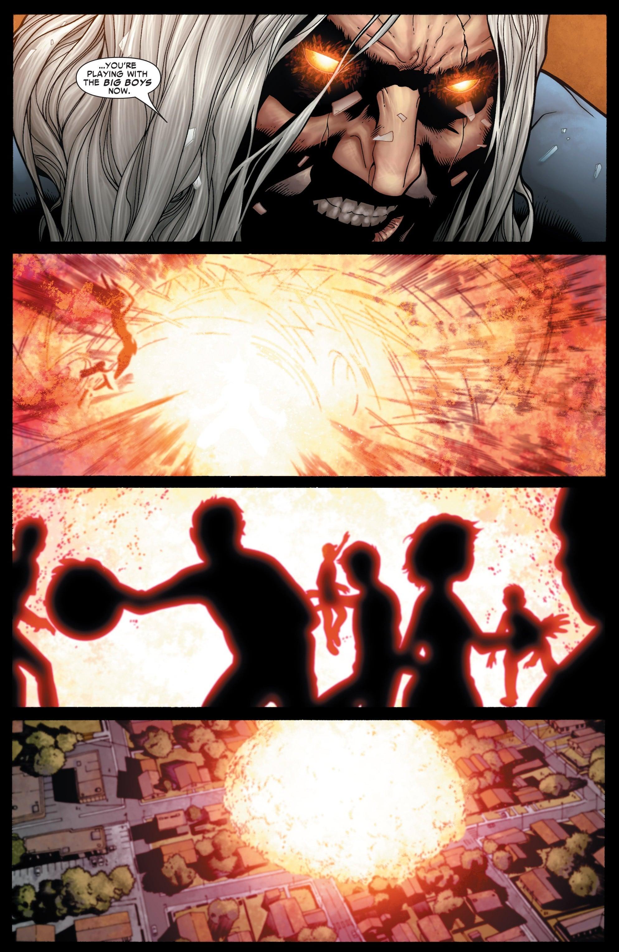 Nitro makes a last-ditch attempt to escape the New Warriors in Civil War Vol. 1 #1 (2007), Marvel Comics. Words by Mark Millar, art by Steve McNiven, Dexter Vines, John Dell, Tim Townsend, Morry Hollowell, and Chris Eliopoulous.