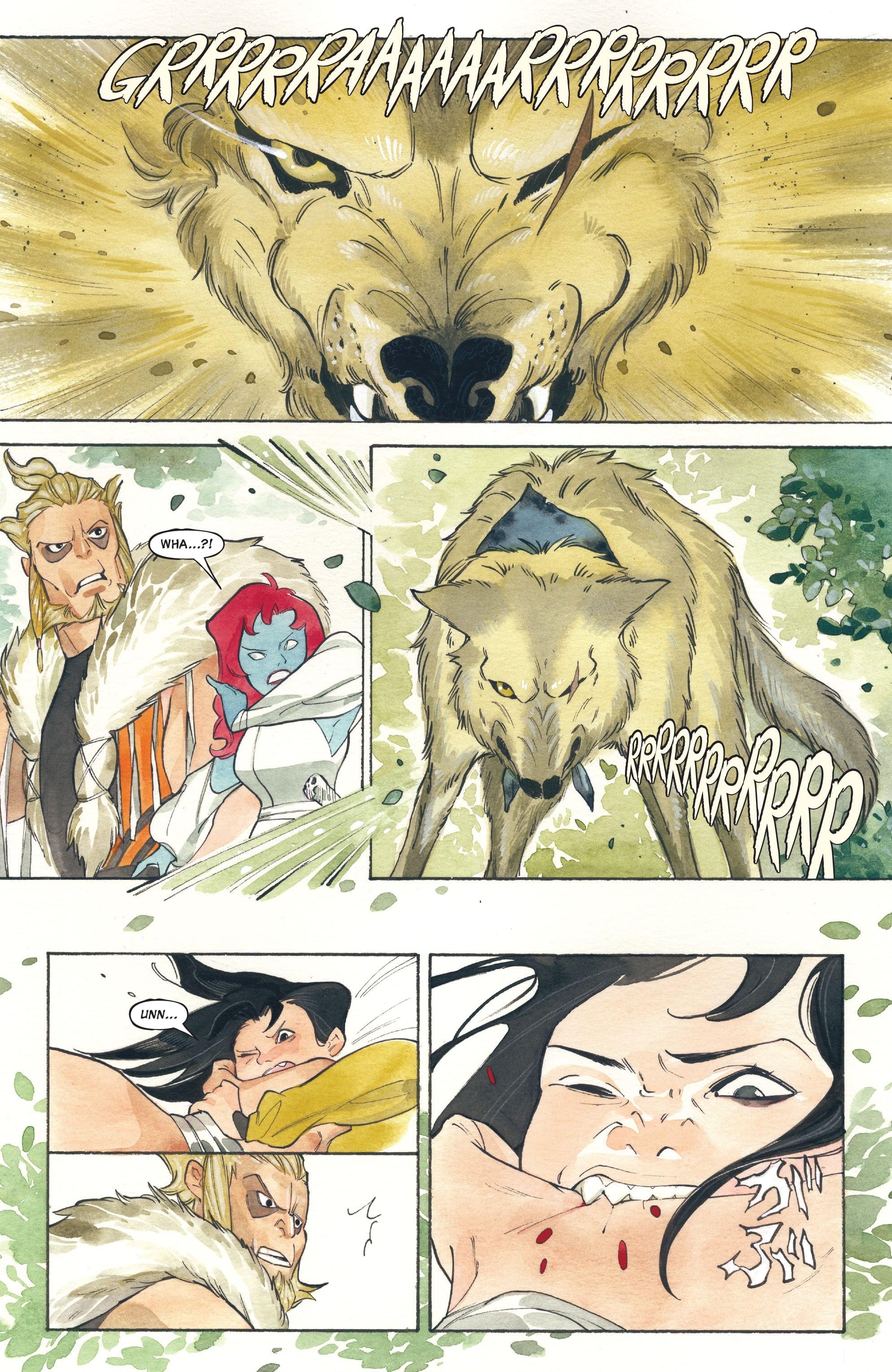 Logan draws Mystique and Sabretooth's attention away from Mariko in Demon Days: Cursed Web Vol. 1 #1 (2021), Marvel Comics. Words and art by Peach Momoko.