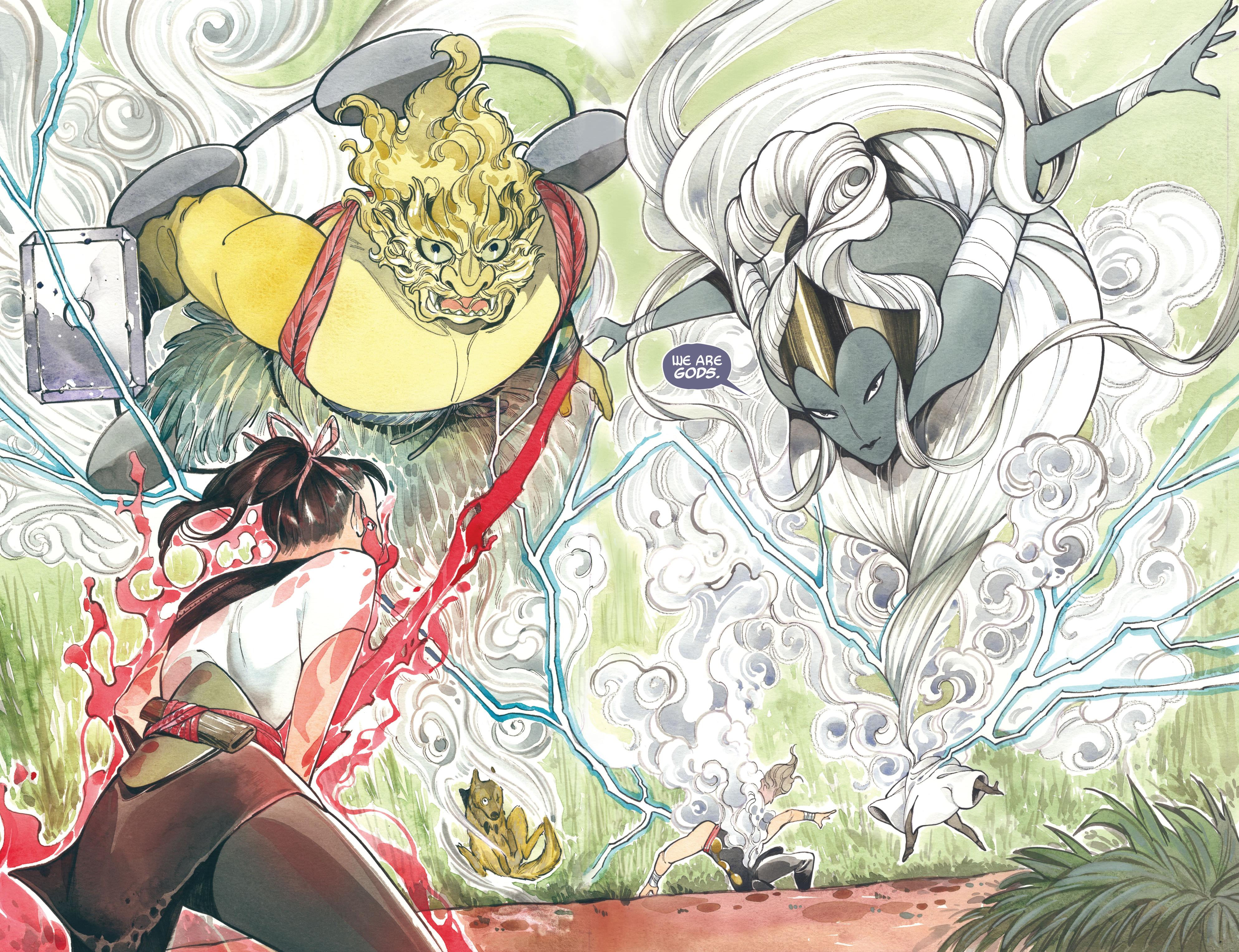 Thor and Storm unleash their true forms against Mariko in Demon Days: Rising Storm Vol. 1 #1 (2021), Marvel Comics. Words and art by Peach Momoko.