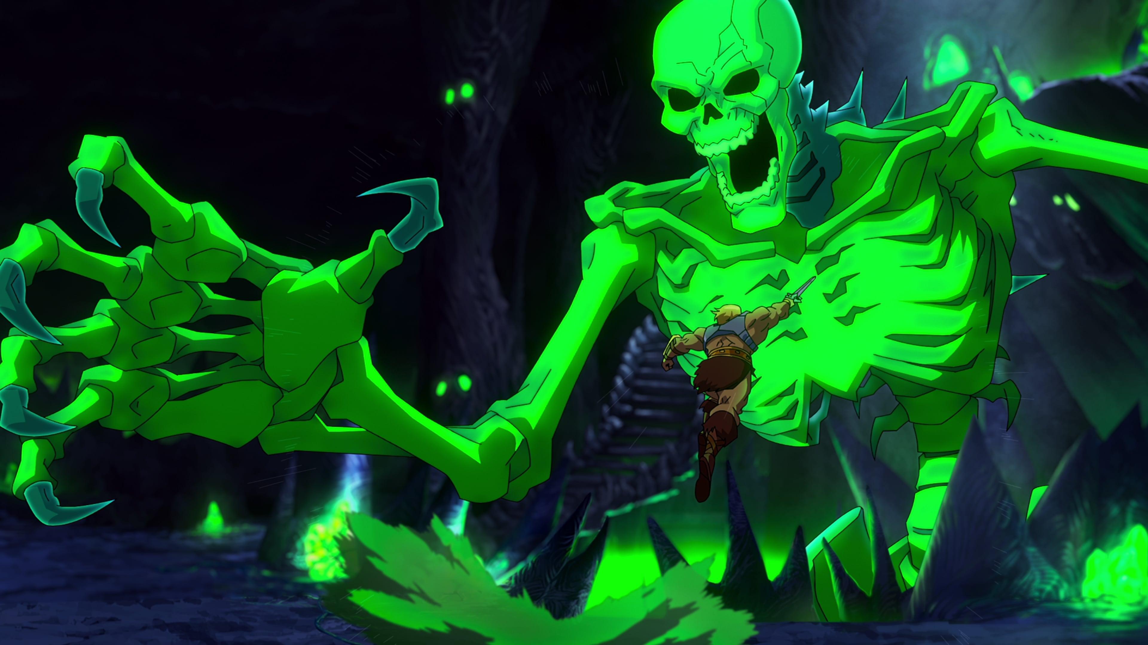He-Man (Chris Wood) takes on Skeletor (Mark Hamill) in Masters of the Universe: Revolution. Cr. COURTESY OF NETFLIX © 2023
