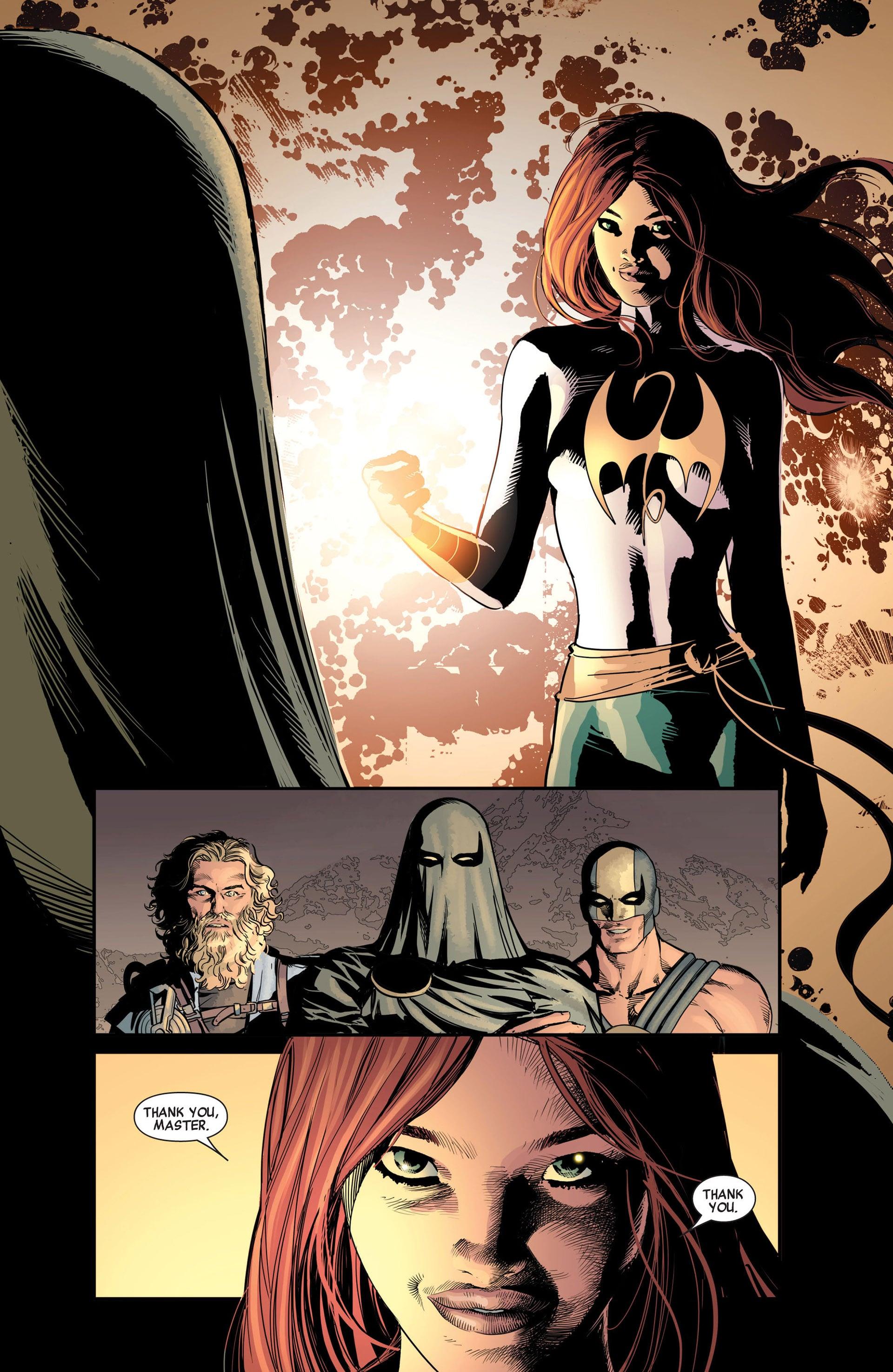 Fongji Wu proves herself worthy of Shou-Lao's power in New Avengers Vol. 2 #26 (2012), Marvel Comics. Words by Brian Michael Bendis, art by Mike Deodato, Rain Beredo, and Joe Caramagna.