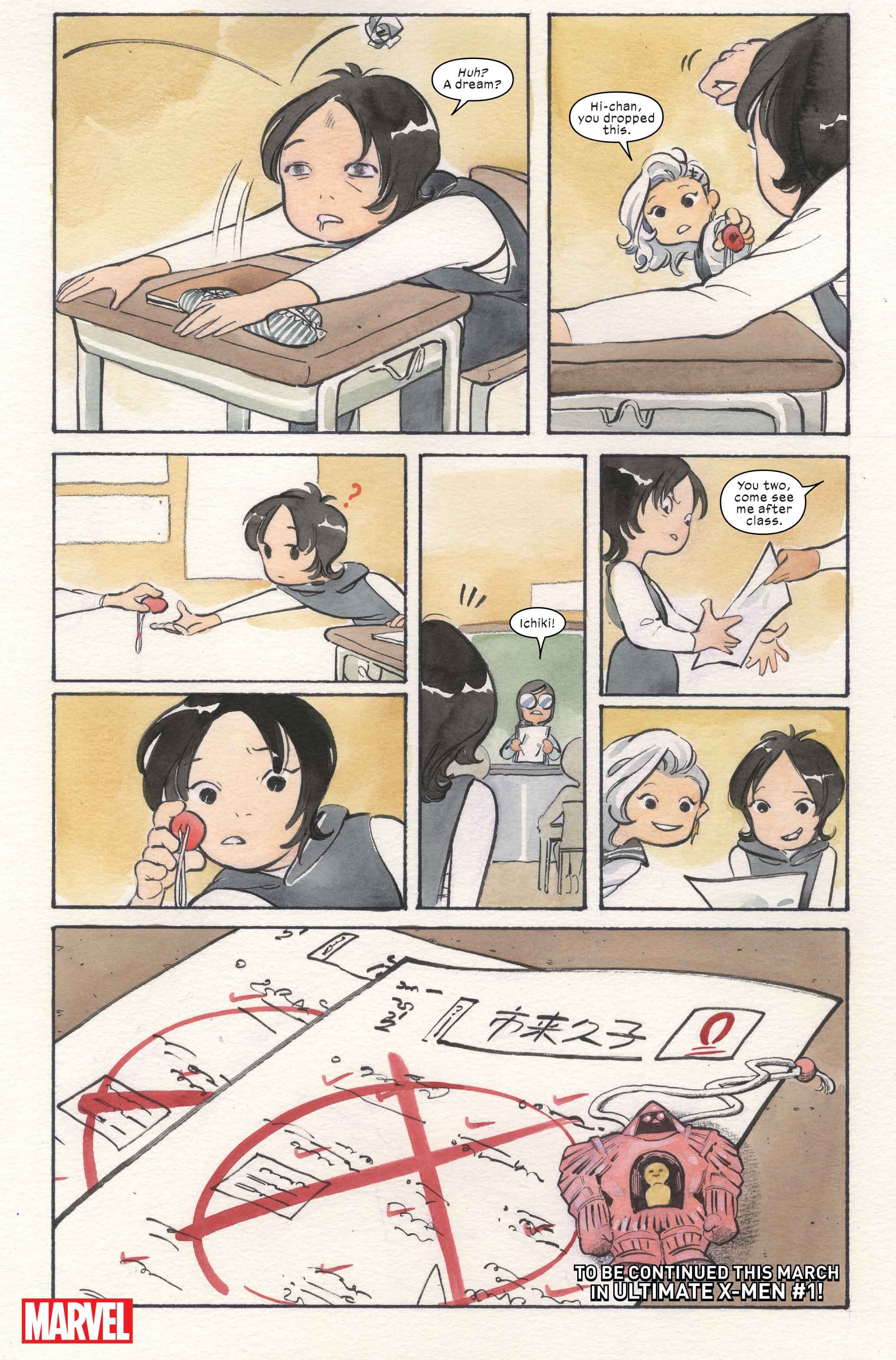 Armor receives a failing grade in Ultimate X-Men Vol. 2 #1 (2024), Marvel Comics. Words and art by Peach Momoko.