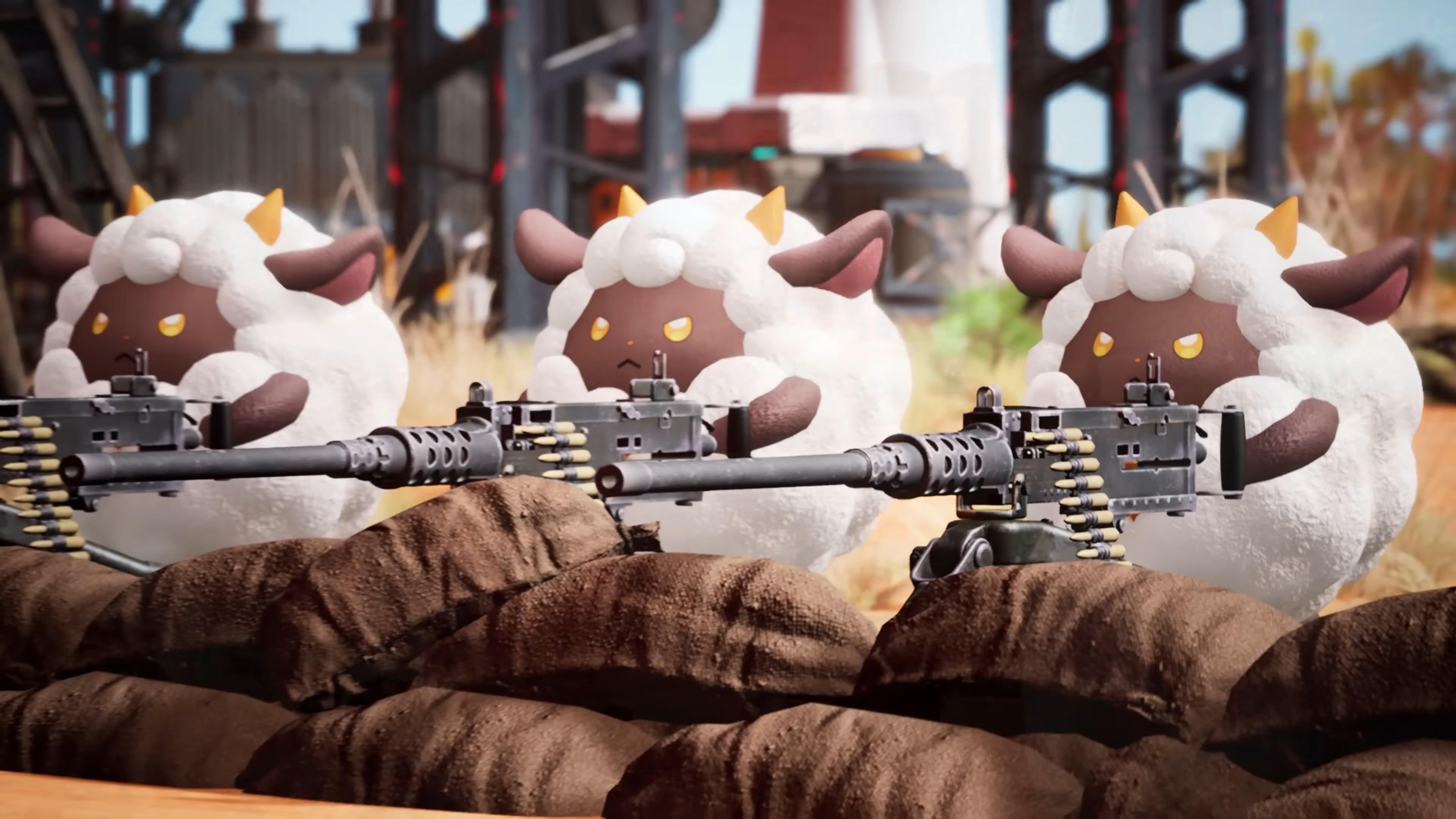 A trio of Lamball take up defensive positions in Palworld (2024), Pocket Pair Inc.