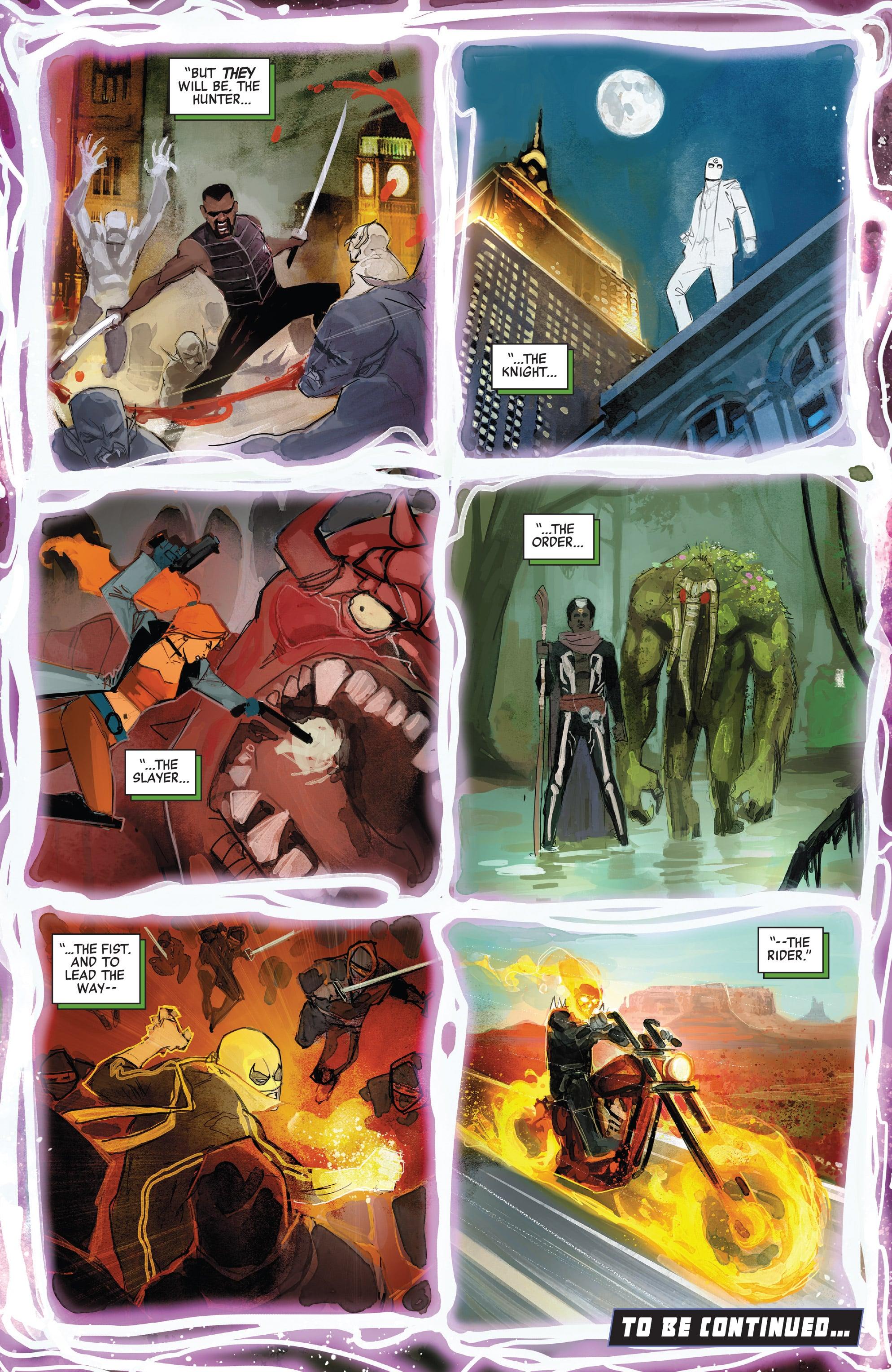 Wong assembles the new Midnight Sons in Doctor Strange - Damnation Vol. 1 #1 (2018), Marvel Comics. Words by Donny Cates and Nick Spencer, art by Rod Reis and Travis Lanham.