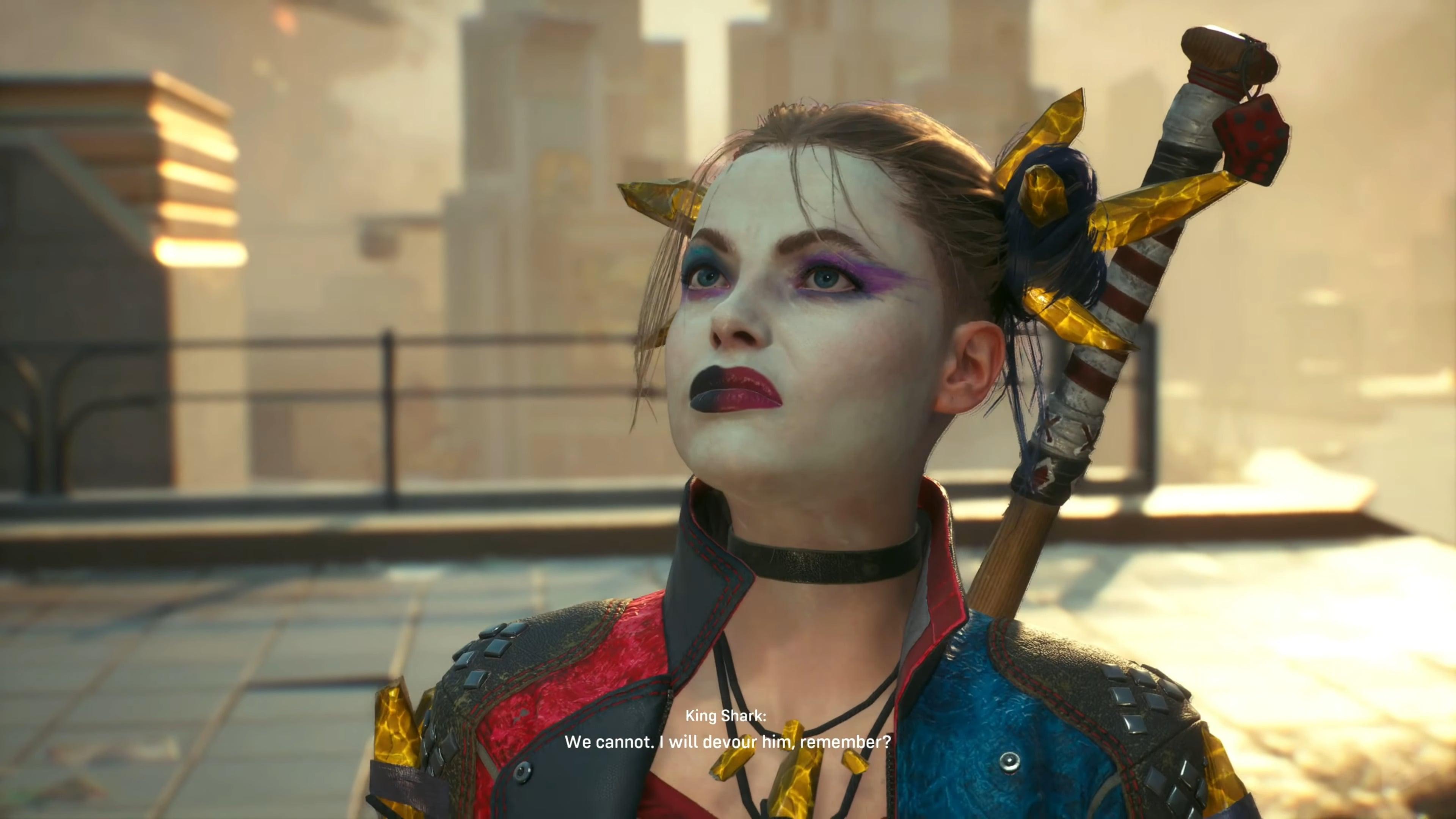 Harley Quinn (Tara Strong) is whiny after King Shark (Samoa Joe) denies her the chance to hold Braniac's (Jason Isaacs) imprisoned form in Suicide Squad: Kill the Justice League (2024), Rocksteady Studios