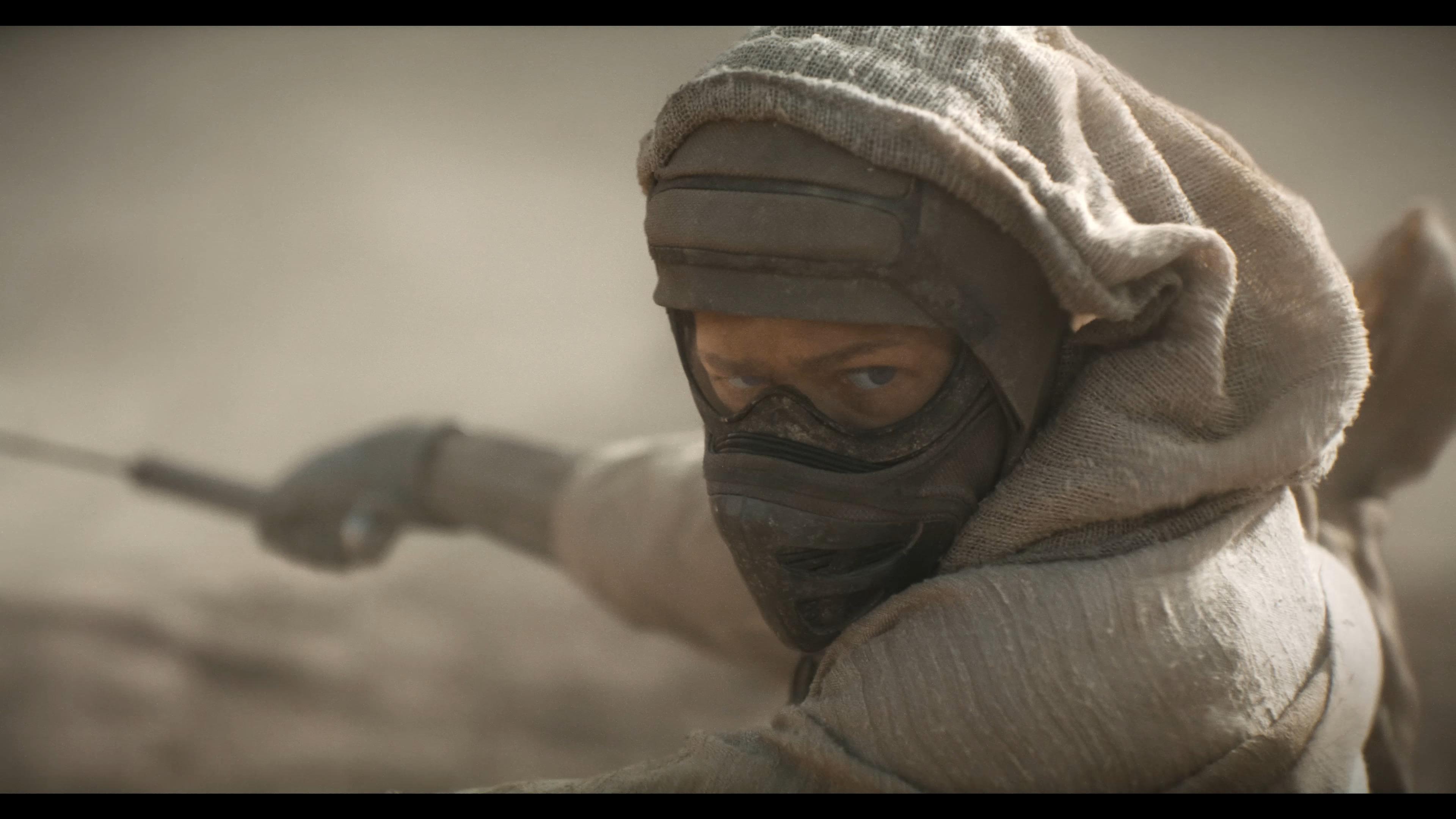 Chani (Zendaya) stands tall atop a Shai-Hulud in Dune: Part Two (2024), Legendary Pictures