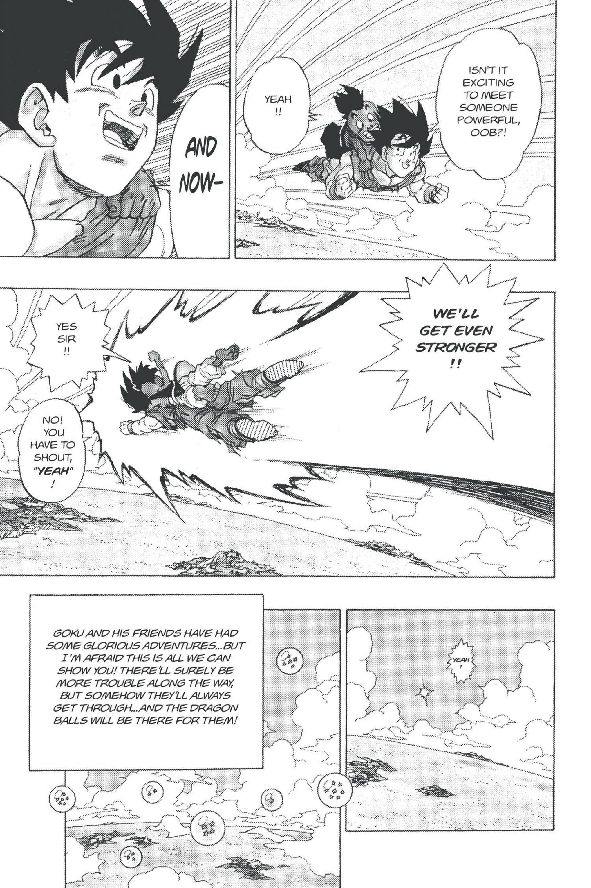 Goku and Uub fly off in search of new adventures in Dragon Ball Chapter 325 "Bye-bye, Dragon World!" (1995), Shueisha. Words and art by Akira Toriyama.