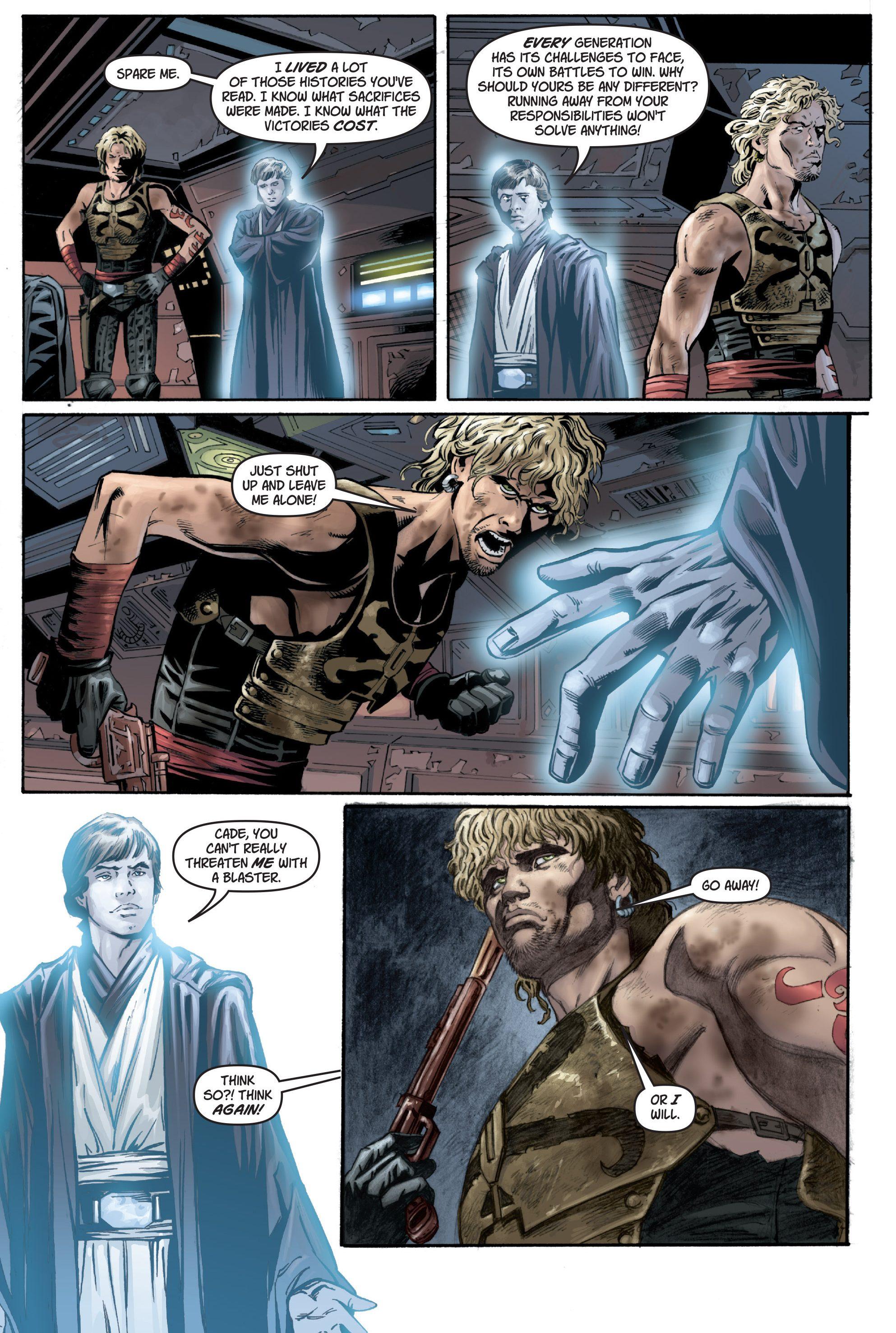 Cade Skywalker threatens his noted ancestor with permanent silence in Star Wars Legacy Vol. 1 #3 (2006), Dark Horse Comics. Words by John Ostrander and Jan Duursema, art by Jan Duursema, Dan Parsons, Michael David Thomas, and Brad Anderson.