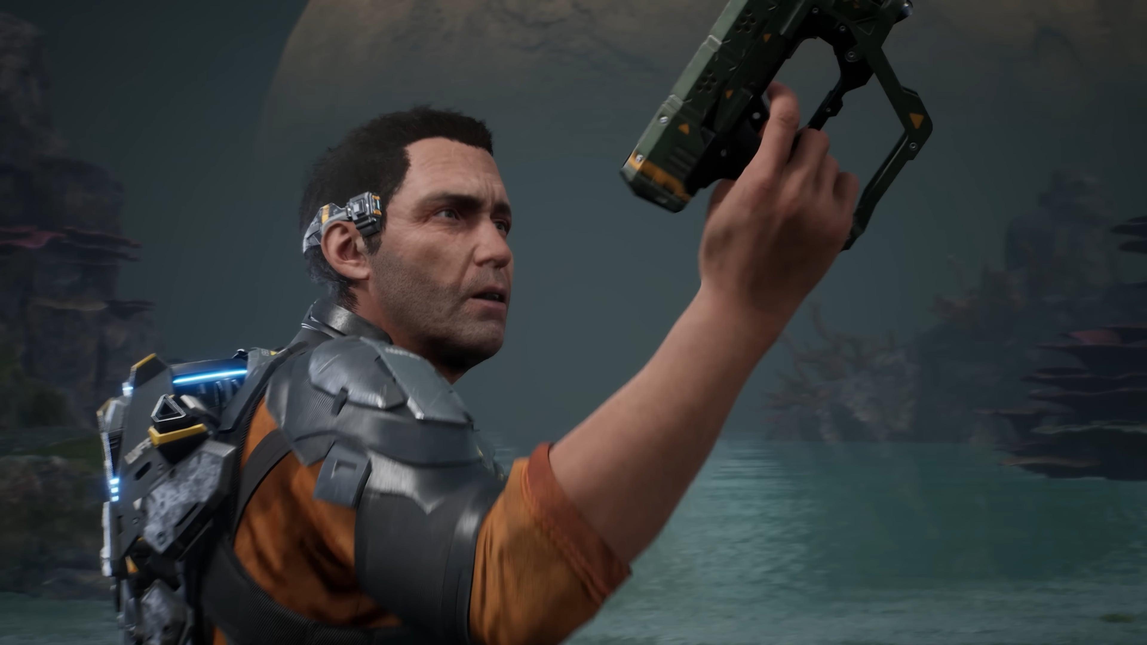 Cutter Slade (Luke Roberts) picks up a new toy in Outcast - A New Beginning (2024) THQ Nordic