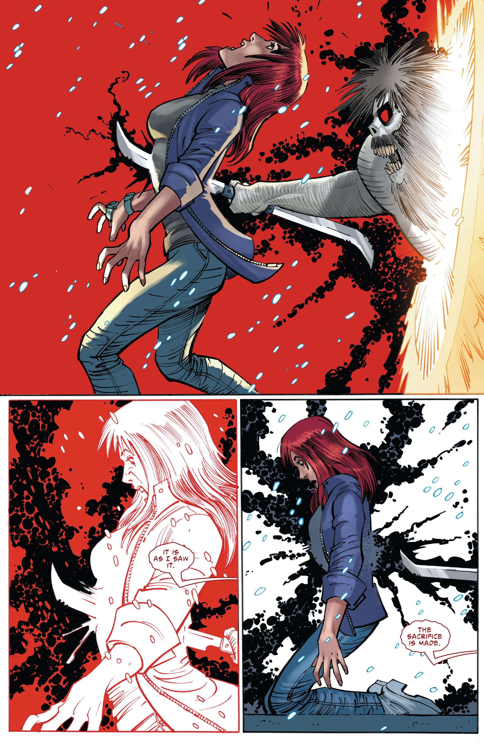 Ms. Marvel (in disguise as Mary-Jane Watson-) meets her end at the hands of The Emissary in Amazing Spider-Man Vol. 6 #26 (2023), Marvel Comics. Words by Zeb Wells, art by John Romita Jr., Scott Hanna, Marcio Menyz, and Joe Caramagna.