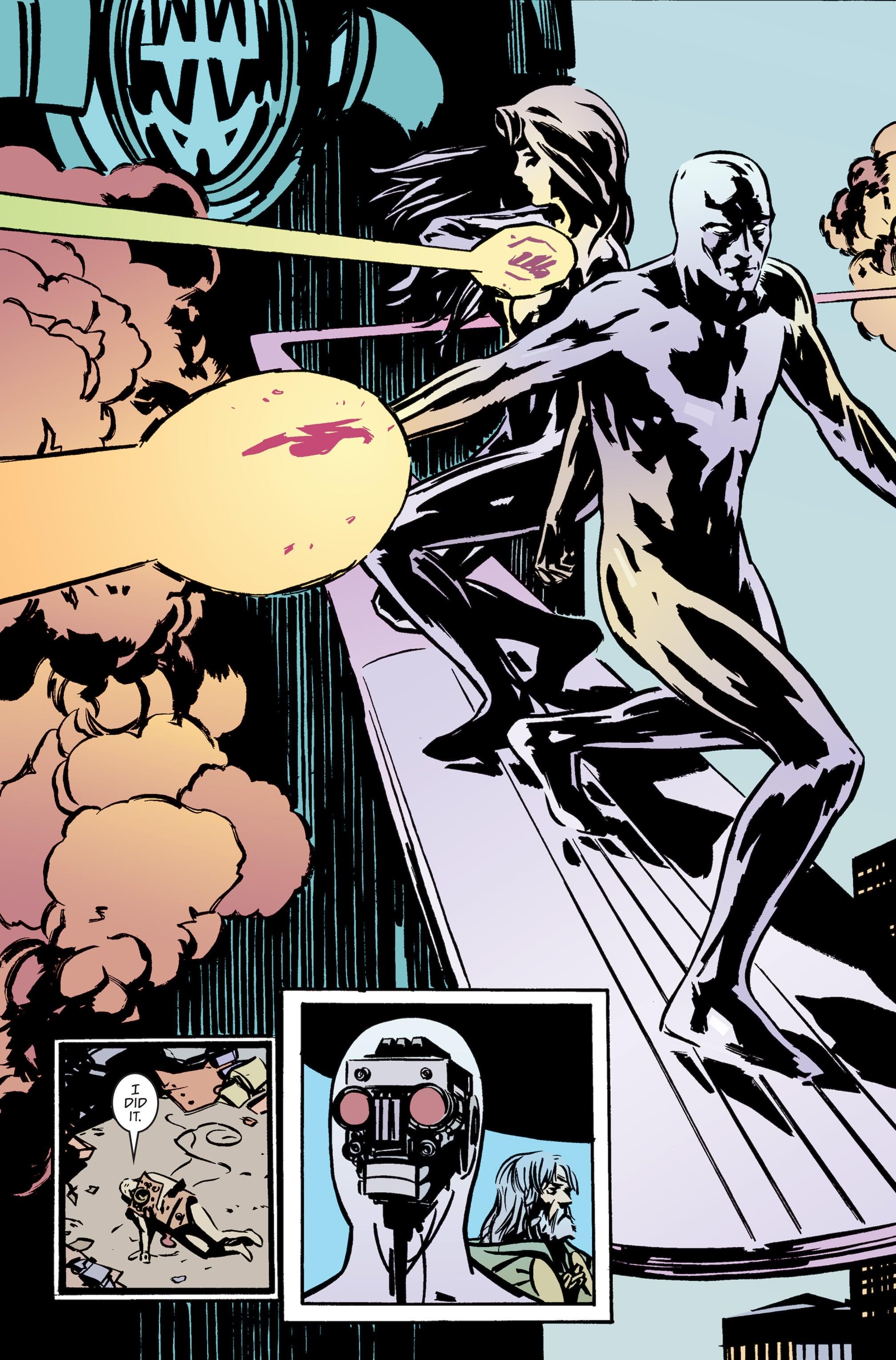 The Silver Surfers stand defiant against the Celestials in Earth X Vol. 1 #12 "Earth X, Chapter 12" (2000), Marvel Comics. Words by Jim Krueger and Alex Ross, art by John Paul Leon, Bill Reinhold, Melissa Edwards, and Todd Klein.