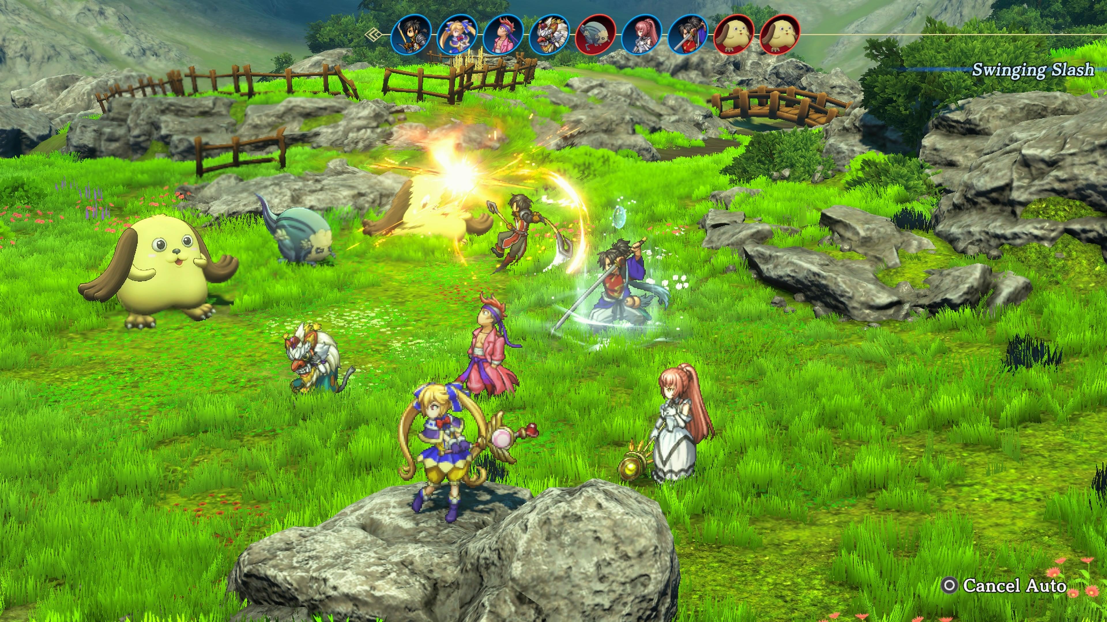 Nowa and his allies fight monsters in Eiyuden Chronicle: Hundred Heroes on a grassy plain.