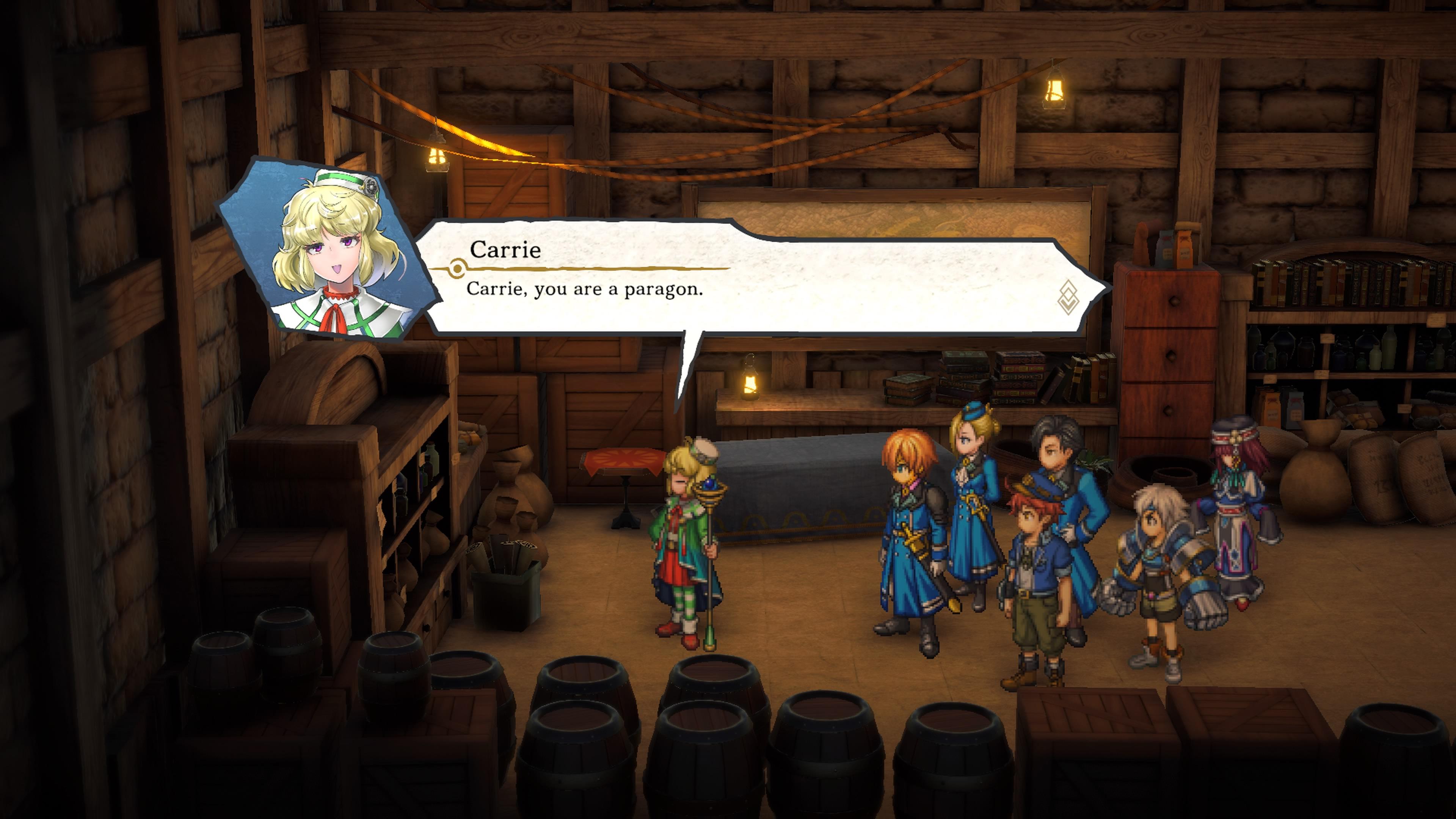 Carrie (Shiori Izawa) waxes eloquently about her virtues before helping the party in Eiyuden Chronicle: Hundred Heroes (2024) 505 Games
