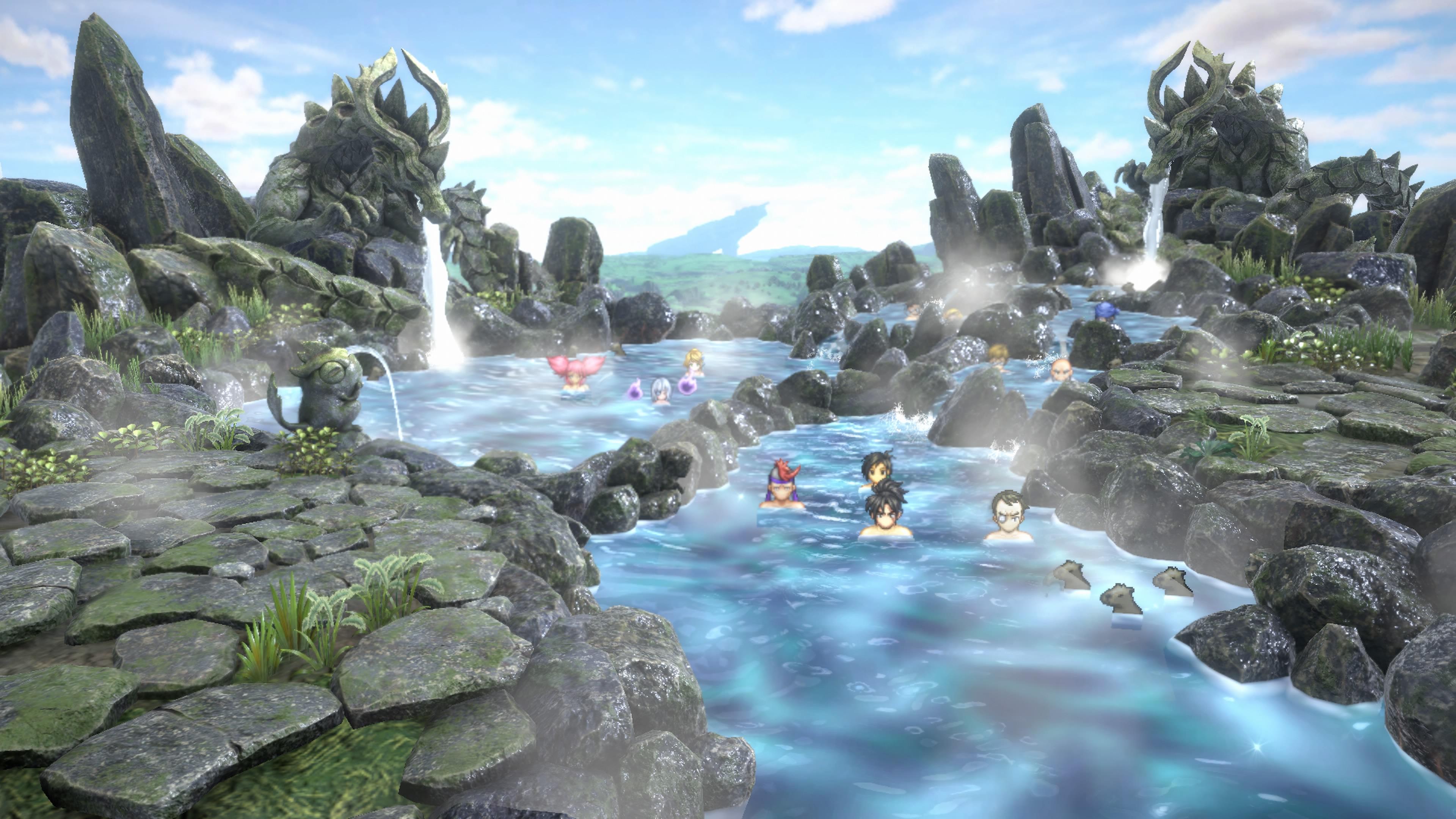 Nowa (Gakuto Kajiwara) and his party take a break from adventuring at the local hotsprings in Eiyuden Chronicle: Hundred Heroes (2024) 505 Games