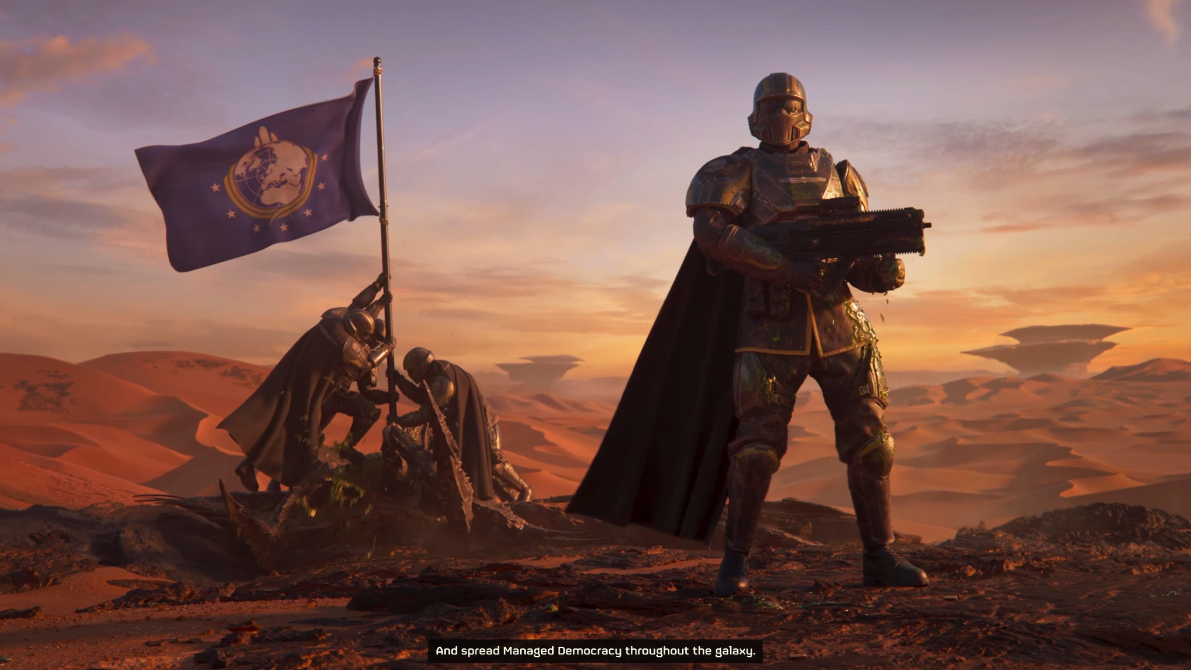 A squad of Helldivers stands victorious over the bug menace in Helldivers 2 (2024), Arrowhead Game Studios