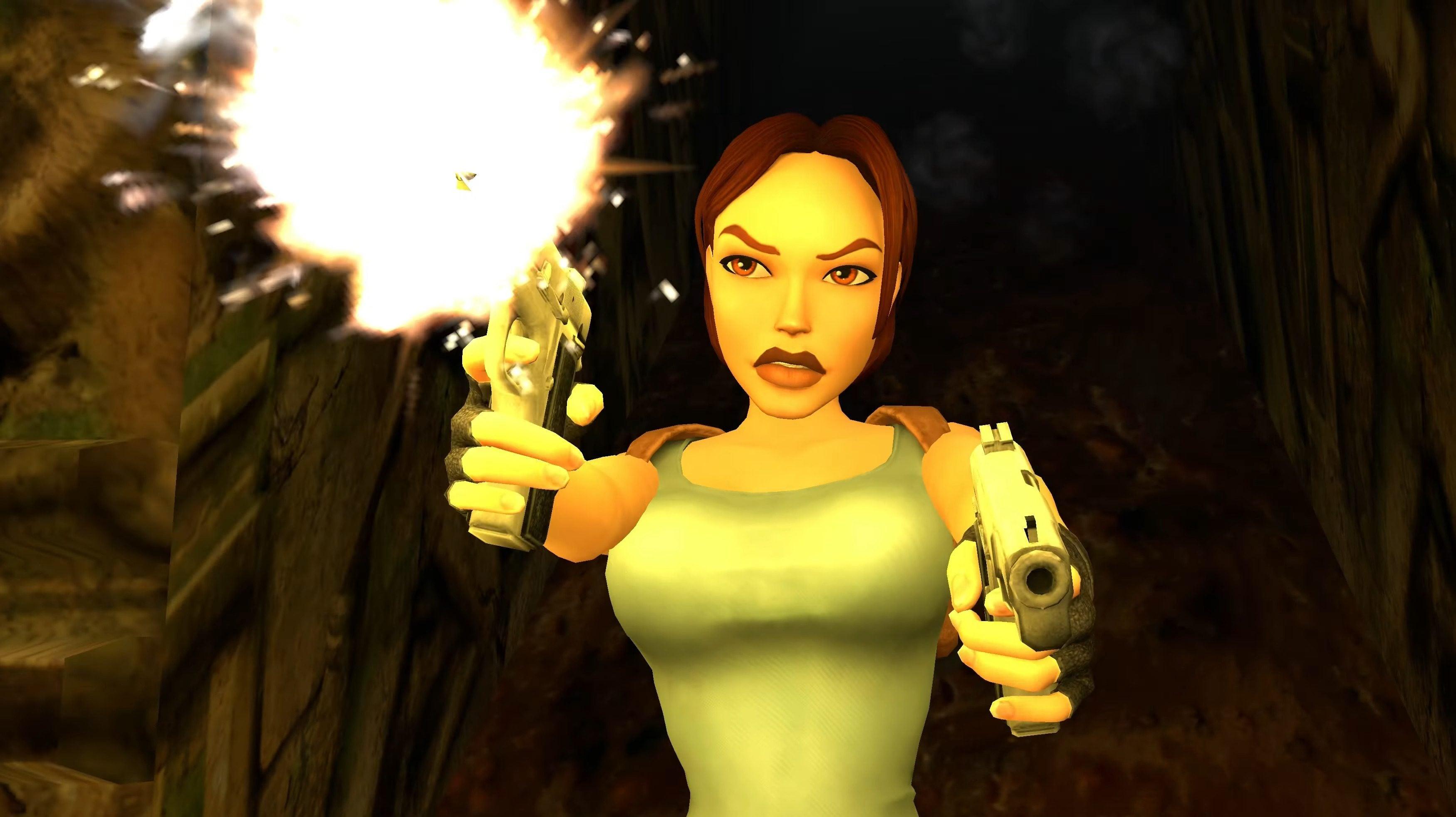 Lara Croft (Judith Gibbons) takes aim at Tony (Peter Kelamis) in in Tomb Raider III: Adventures of Lara Croft Remastered (2023), Crystal Dynamics