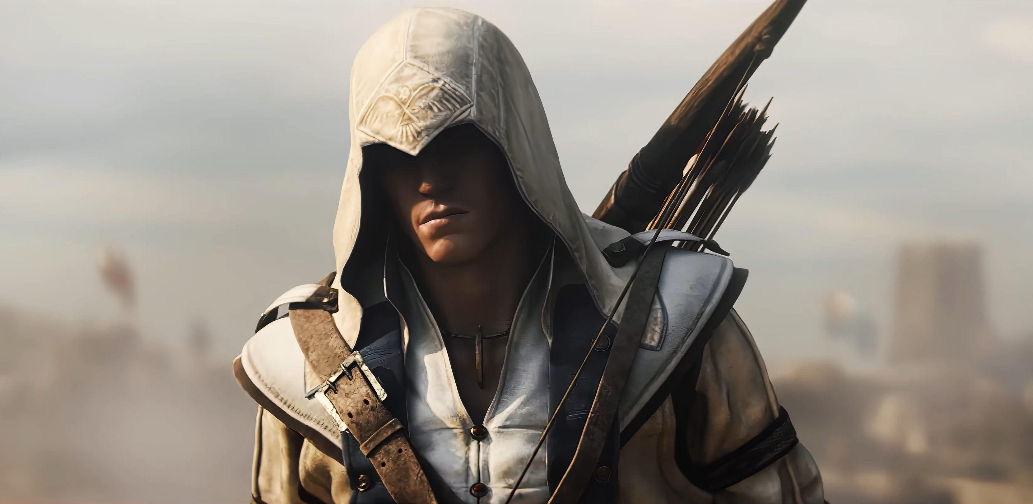 Ratonhnhaké:ton (Noah Watts) stands his ground against British Loyalists in Assassin's Creed III (2012), Ubisoft