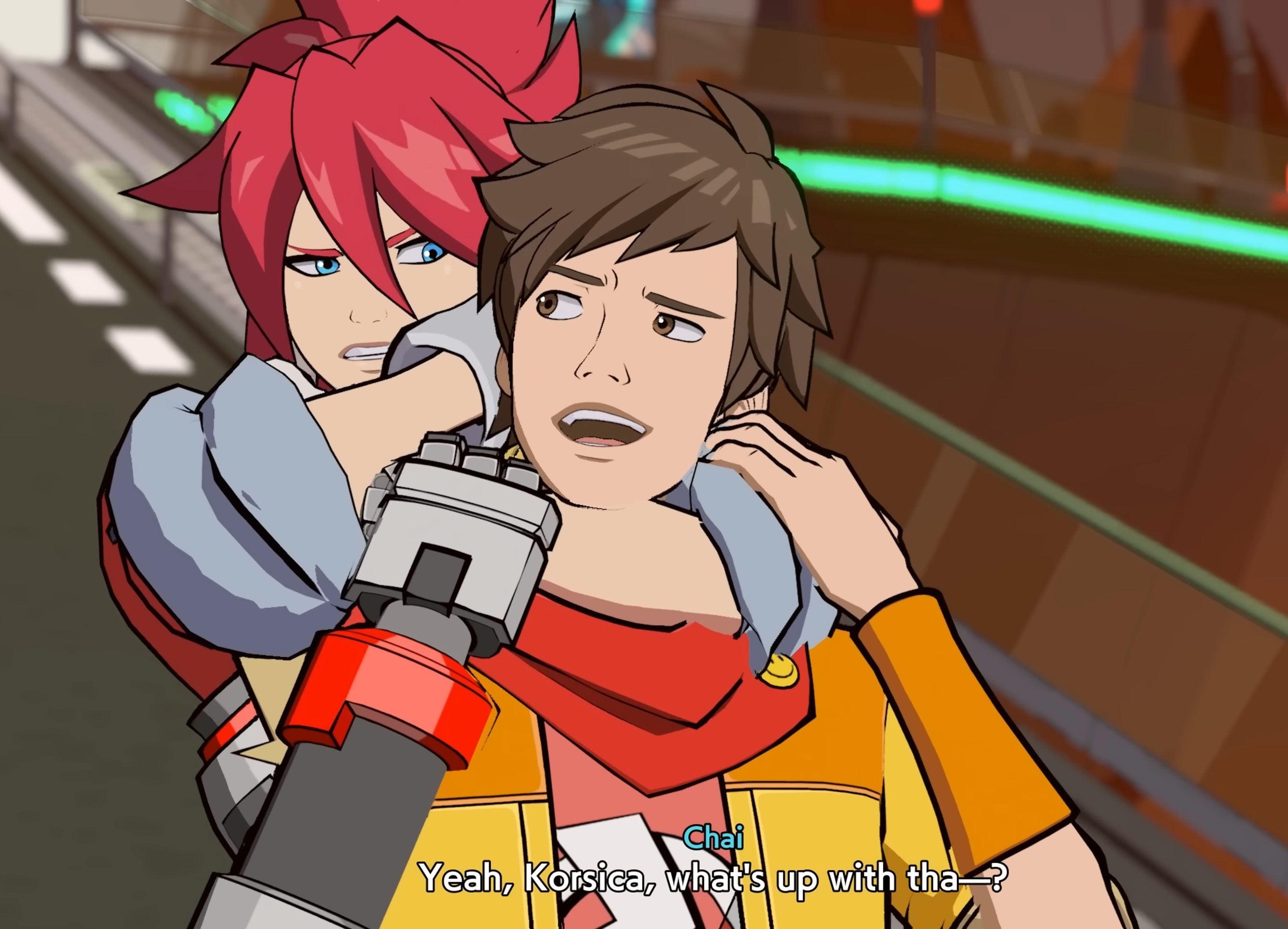 Chai (Robbie Draymond) mocks Korsica's (Sarah Elmaleh) failure to capture his friends in Hi-Fi Rush (2023), Tango Gameworks