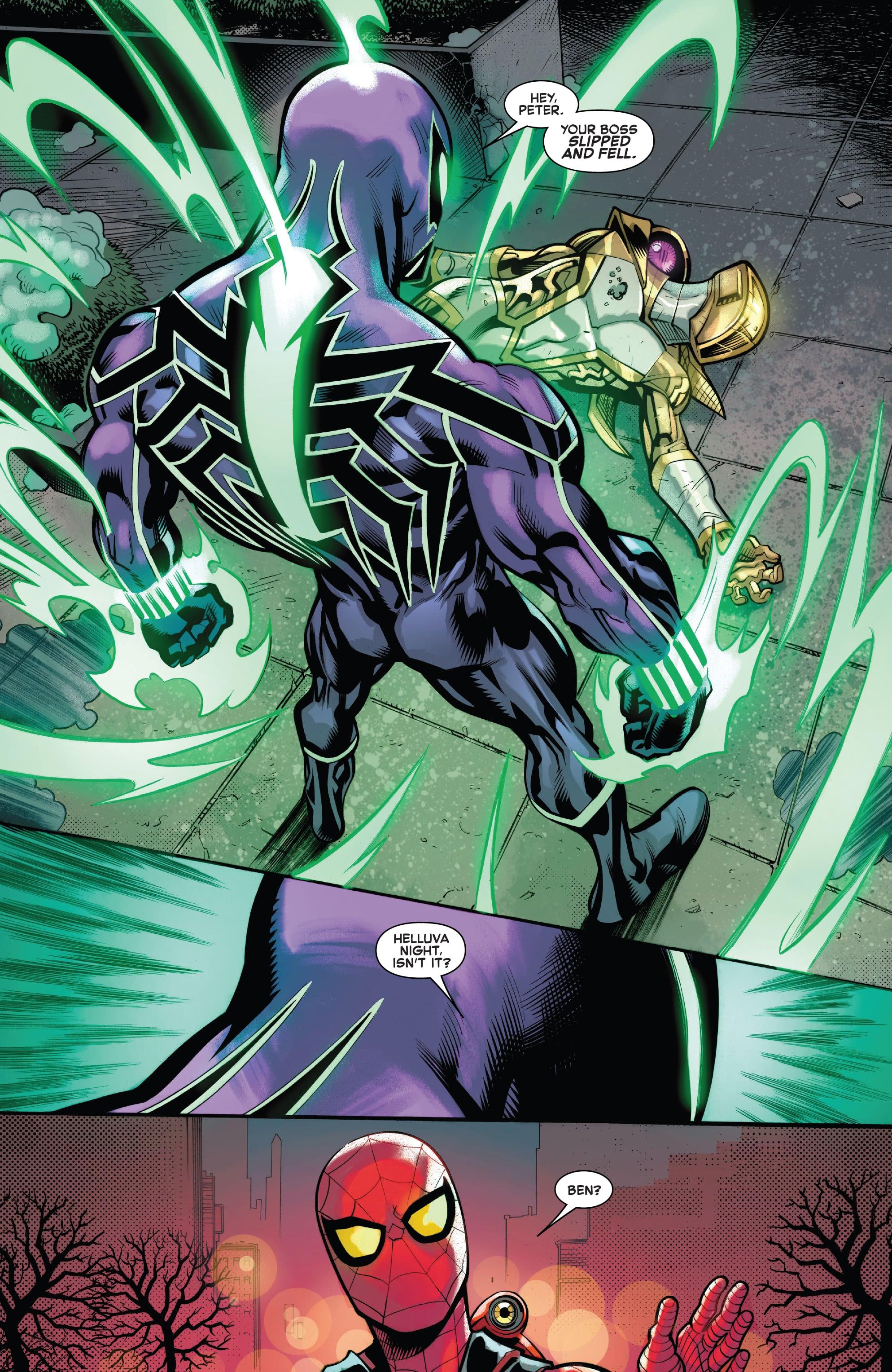 Chasm officially introduces himself to Peter in Amazing Spider-Man Vol. 6 #15 (2022), Marvel Comics. Words by Zeb Wells, art by Ed McGuinness, Cliff Rathburn, Marcio Menyz, and Joe Caramagna.