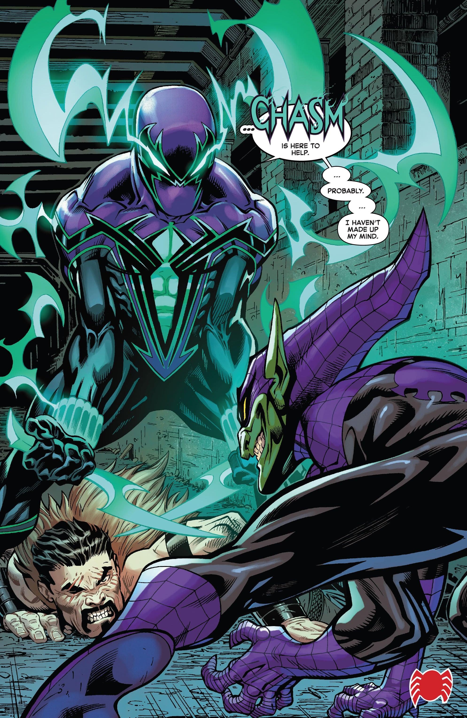 Chasm steps in to confront Peter in Amazing Spider-Man Vol. 6 #51 (2024), Marvel Comics. Words by Zeb Wells, art by Ed McGuinness, Mark Farmer, Todd Nauck, Cliff Rathburn, Wade Von Grawbadger, Marcio Menyz, Erick Arciniega, Bryan Valenza, and Joe Caramagna.