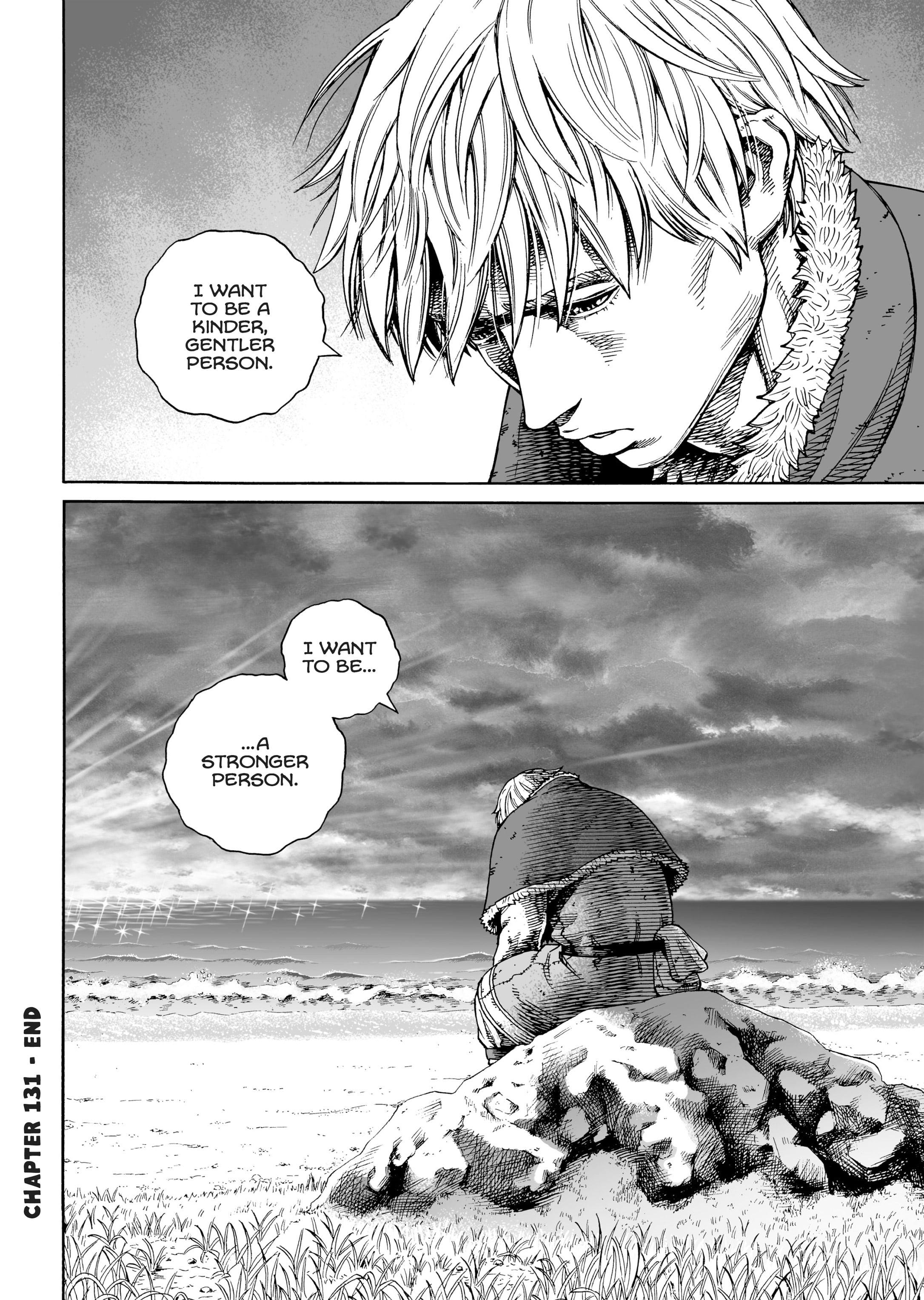 Thorfinn attempts to quell his lust for revenge in Vinland Saga Chapter 131 "Wat in the Baltic (7)" (2016), Kodansha. Words and art by Makoto Yukimura.