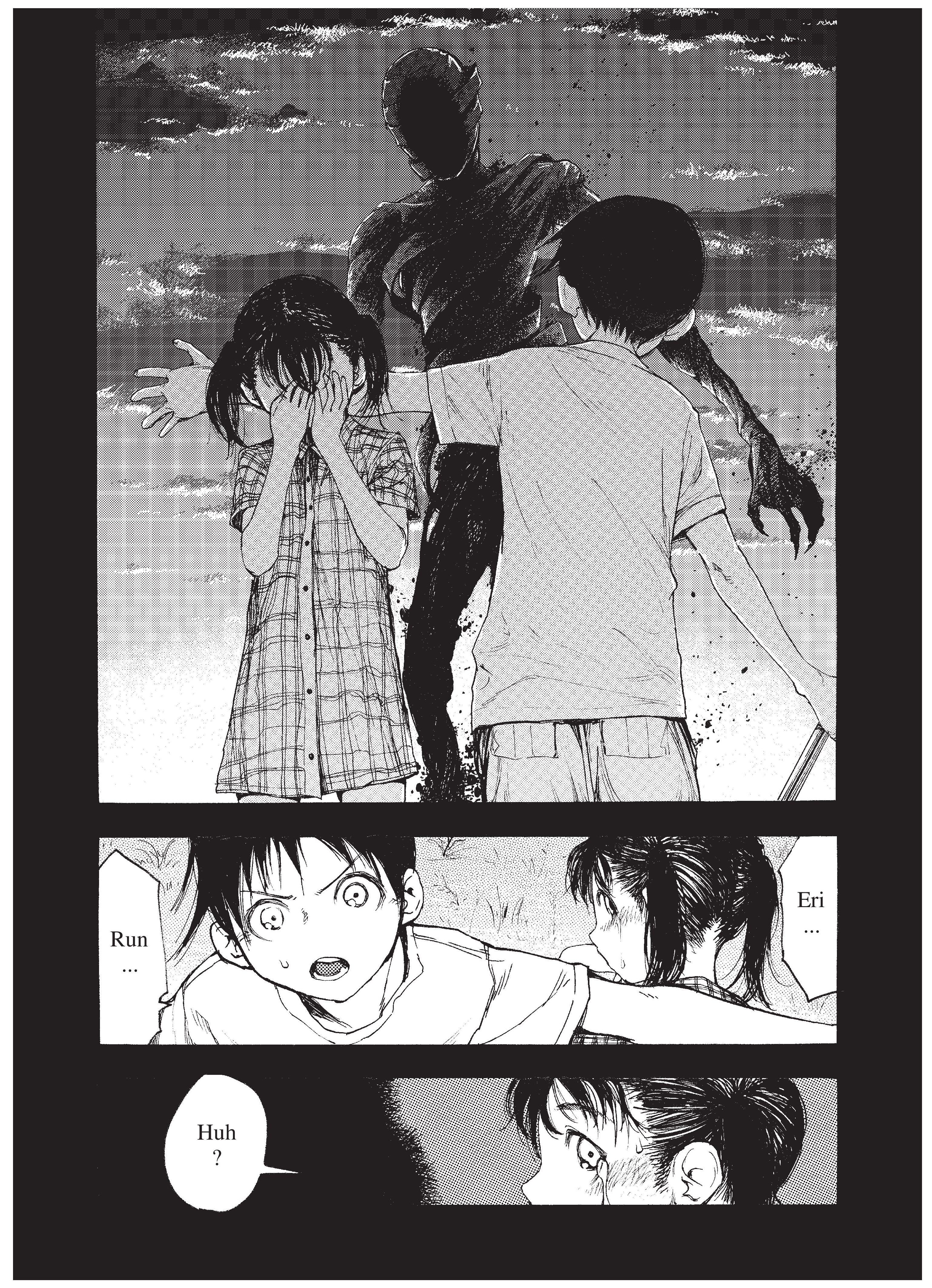 Kei protects his sister from his Black Ghost in Ajin: Demi-Human Chapter 3 "Escape and Threat" (2013), Kodansha. Words by Tsuina Miura, art by Gamon Sakurai.