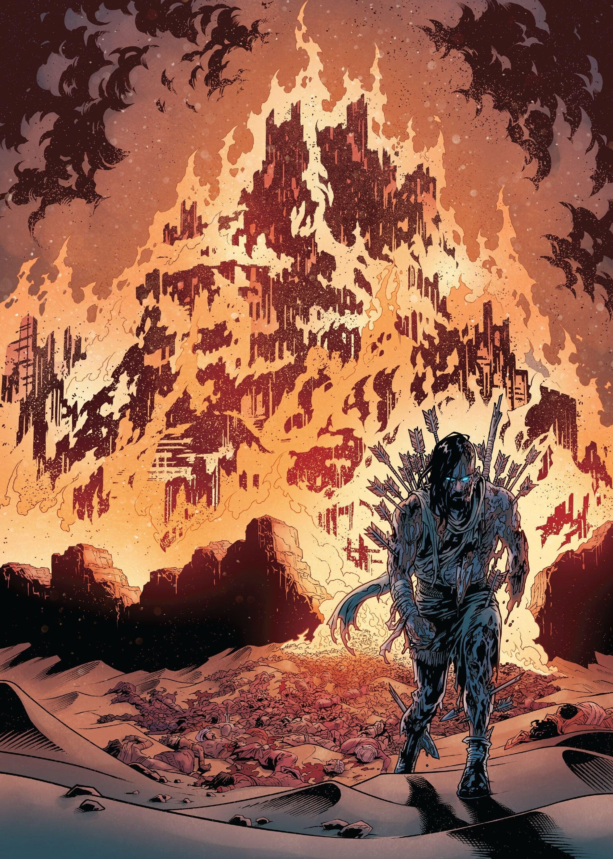B lays waste to the city of Olos in BRZRKR: Fallen Empire Vol. 1 #1 (2024), BOOM! Studios. Words by Keanu Reeves and Mattson Tomlin, art by Rebekah Isaacs, Dee Cunniffe, and Becca Carey.