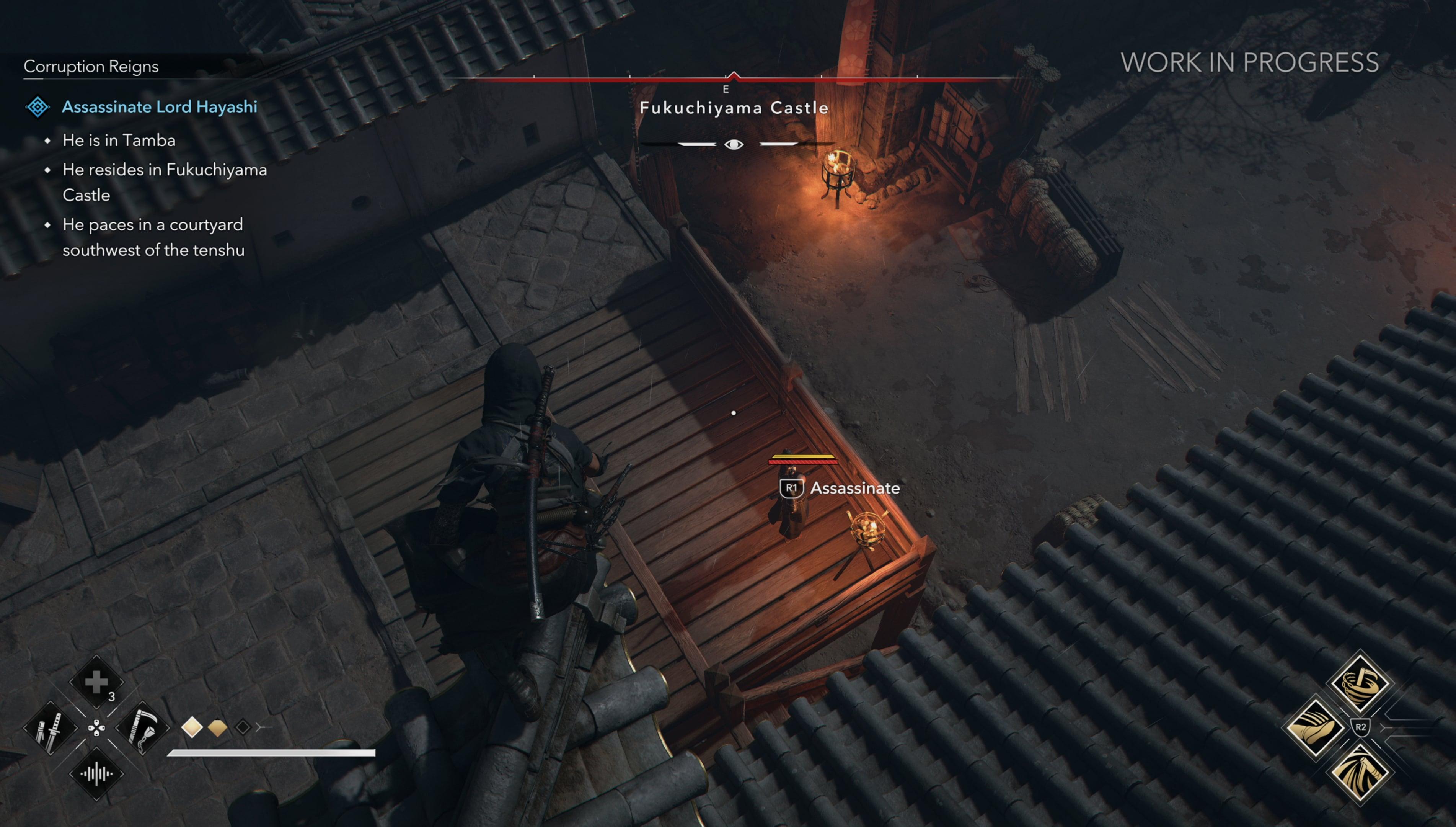 Naoe (TBA) prepares to assassinate an unwitting guard from on-high in Assassin's Creed Shadows (2024), Ubisoft