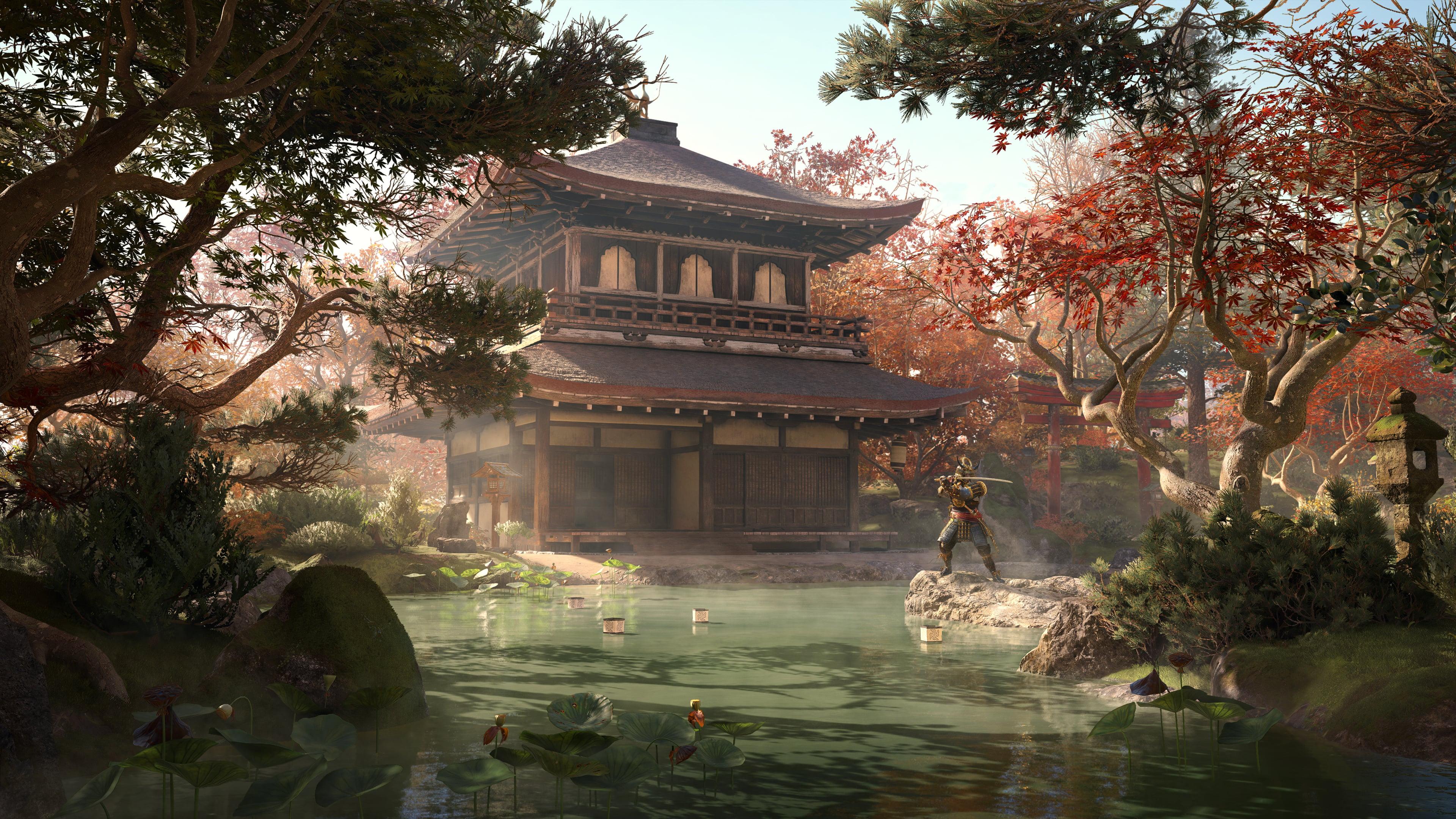 Yasuke (TBA) practices his swordsmanship by an idyllic pond and home in Assassin's Creed Shadows (2024), Ubisoft