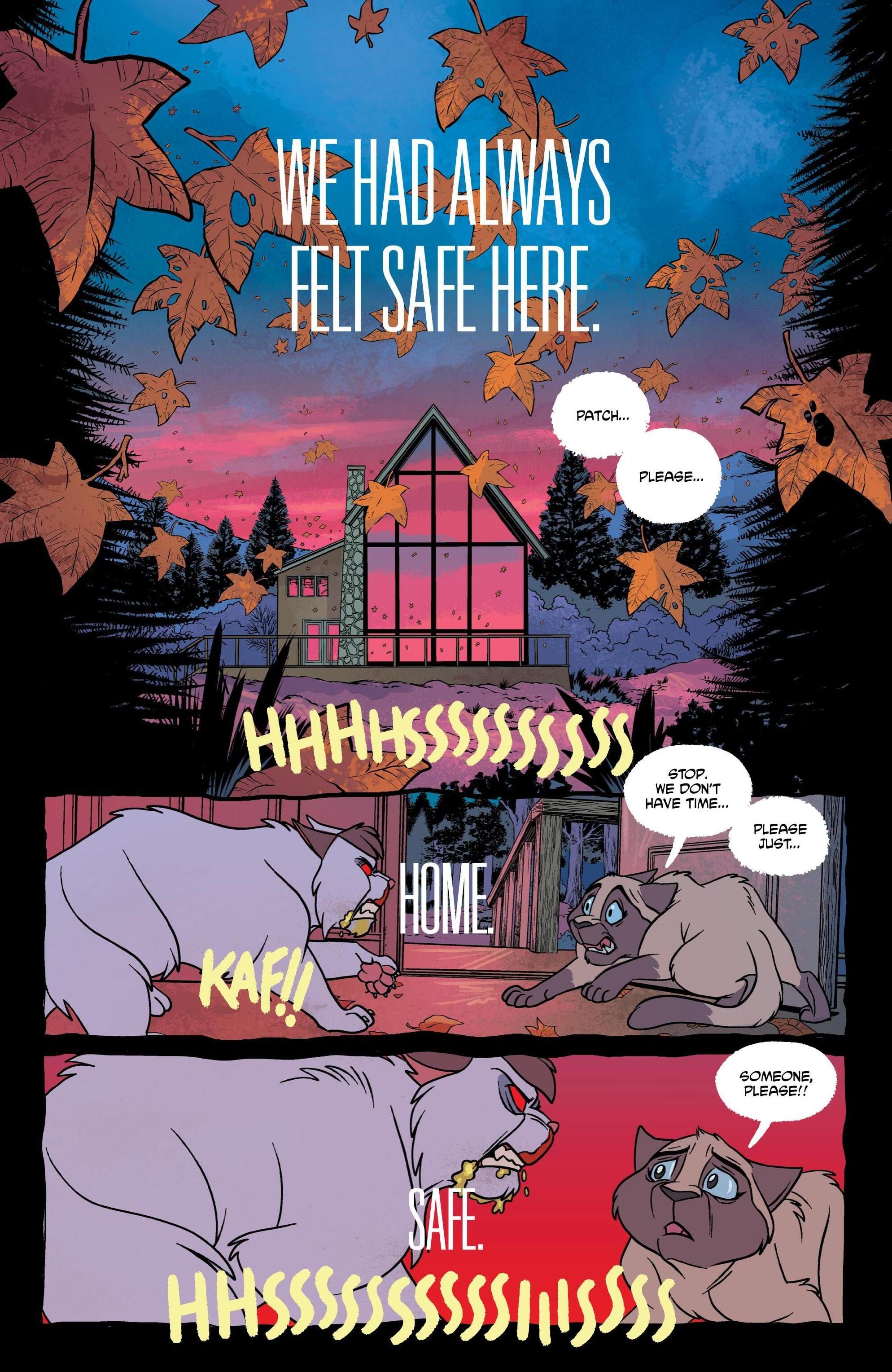 Elsie doesn't seem to be very pleased with Patch's new look in Feral #5 (2024), Image Comics. Words by Tony Fleecs, art by Trish Forstner, Tone Rodriguez, and Brad Simpson.