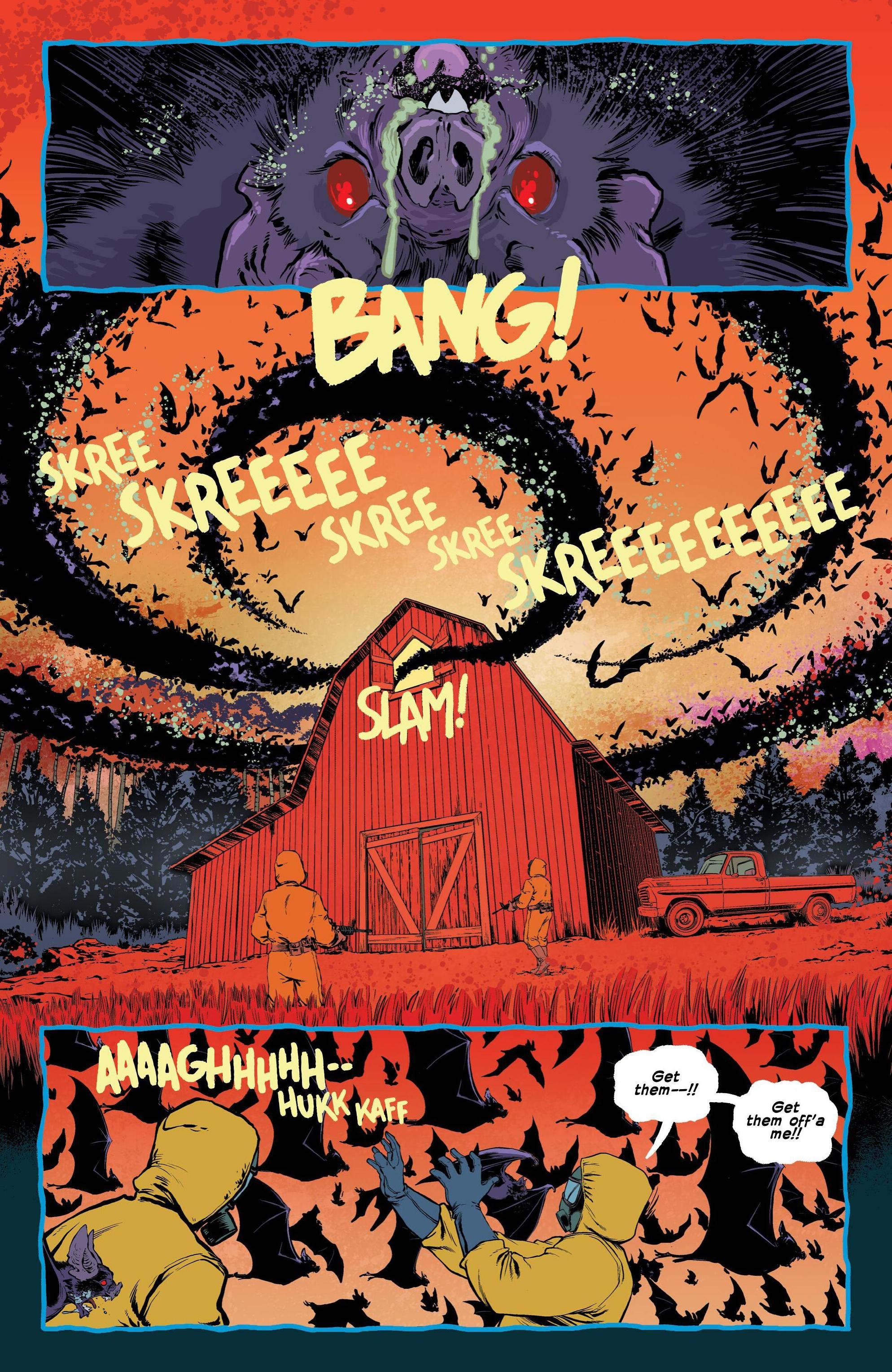 Elsie, and GiGi (off panel) hit the bat signal to ward off a host of trigger-happy bipeds in Feral #5 (2024), Image Comics. Words by Tony Fleecs, art by Trish Forstner, Tone Rodriguez, and Brad Simpson.