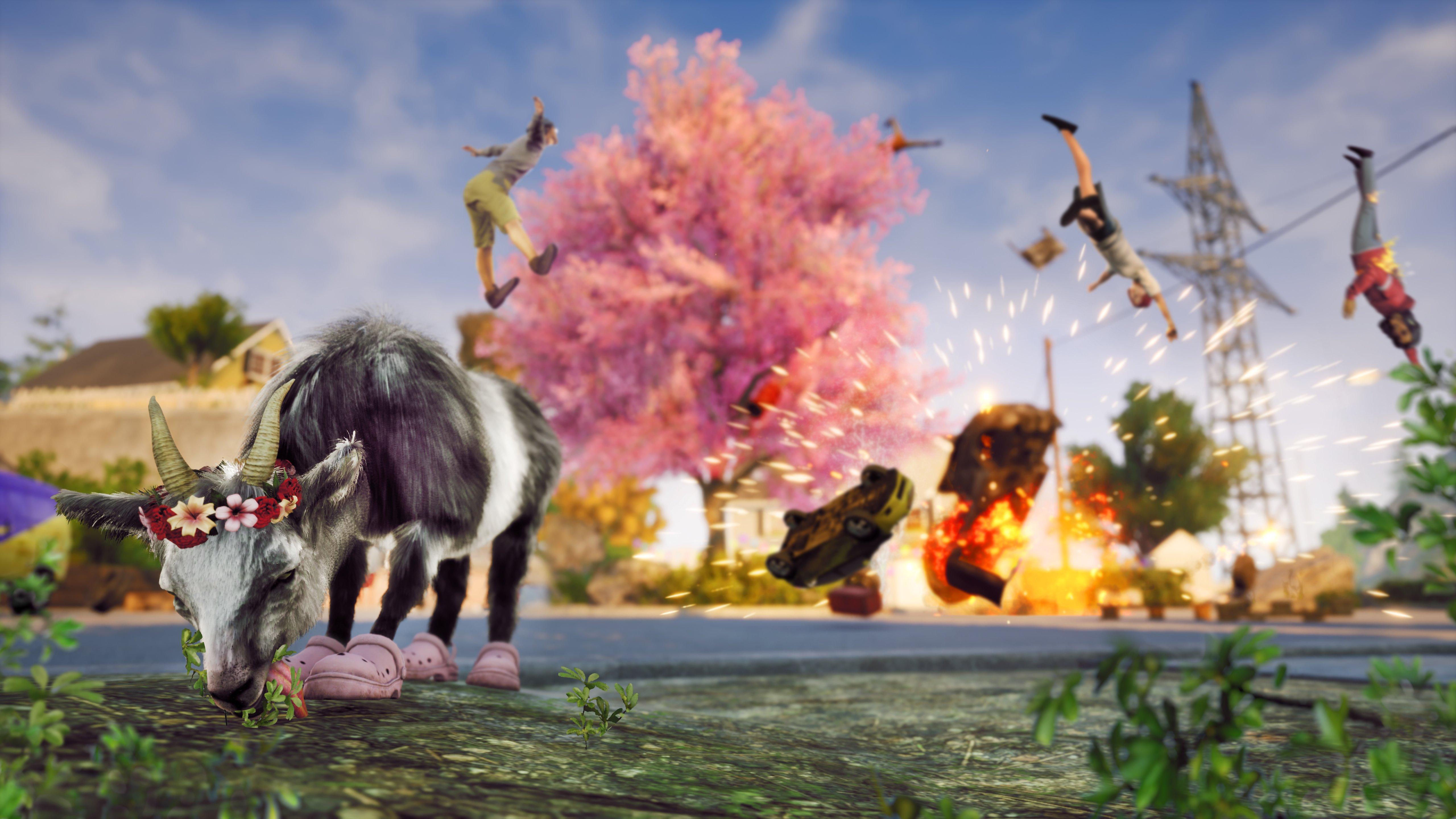 A goat in Crocs eats grass, blissfully unaware of the chaos its caused in Goat Simulator 3 (2022), Coffee Stain Publishing