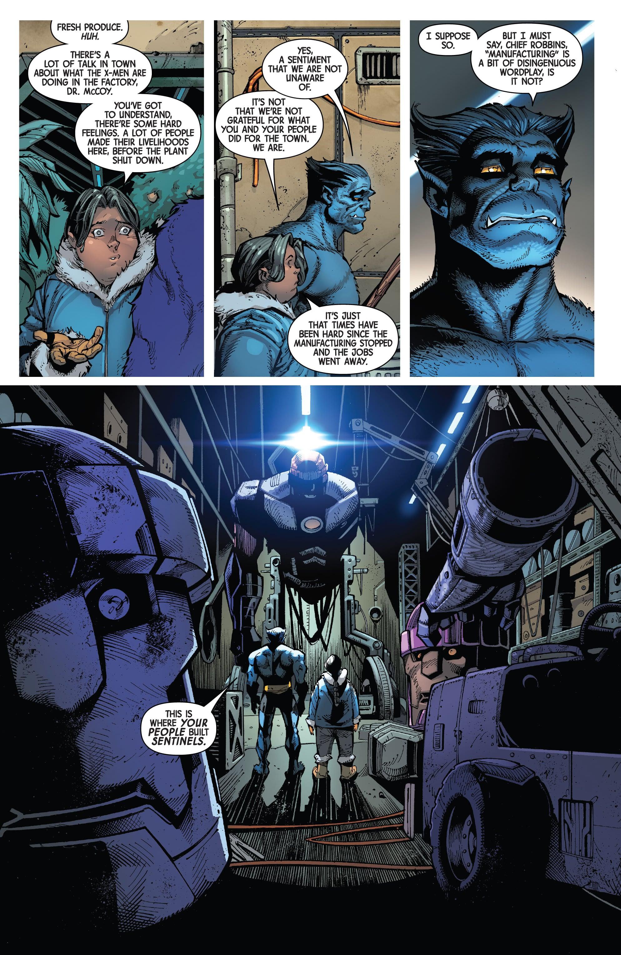 Beast reminds Chief Robbins of the local community's most recent business endeavor in X-Men Vol. 7 #1 "Fire-Baptized Species" (2024), Marvel Comics. Words by Jed MacKay, art by Ryan Stegman, JP Mayer, Marte Gracia, and Clayton Cowles.