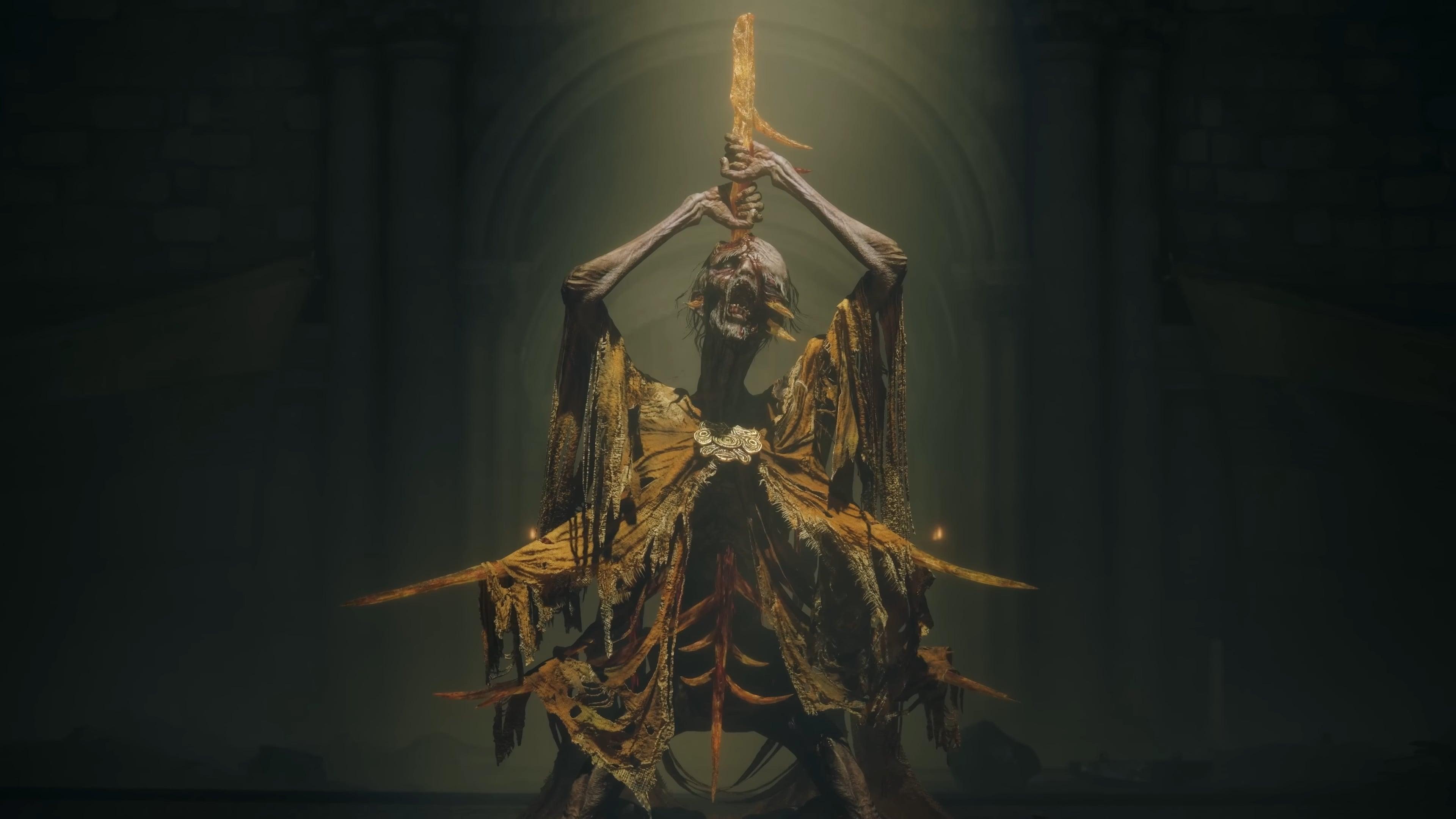 An undead attempts to remove a blade from his eye in in Elden Ring: Shadows of the Erdtree (2024), FromSoft