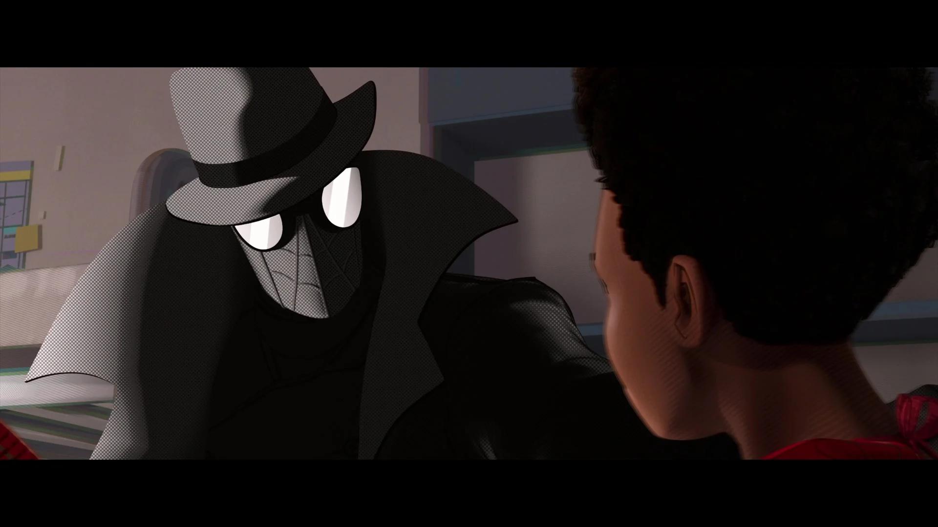 Spider-Man Noir (Nicolas Cage) attempts to reassure Miles (Shameik Moore) of his super hero potential in Spider-Man: Into the Spider-Verse (2018), Marvel Entertainment