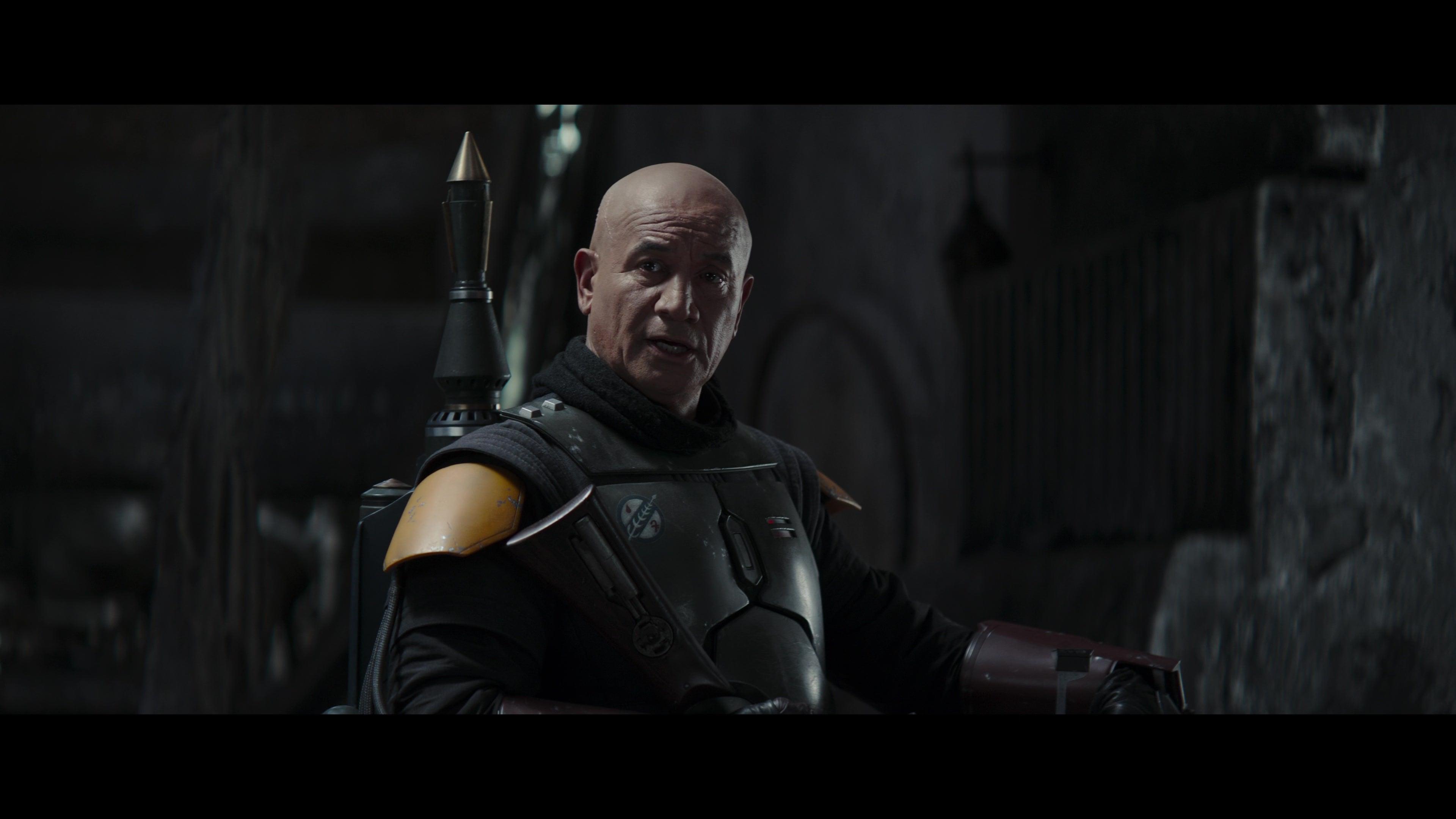 Boba Fett (Temeura Morrison) prepares to take on Cad Bane (Corey Burton) in The Book of Boba Fett Chapter 7 (2022), Disney Plus