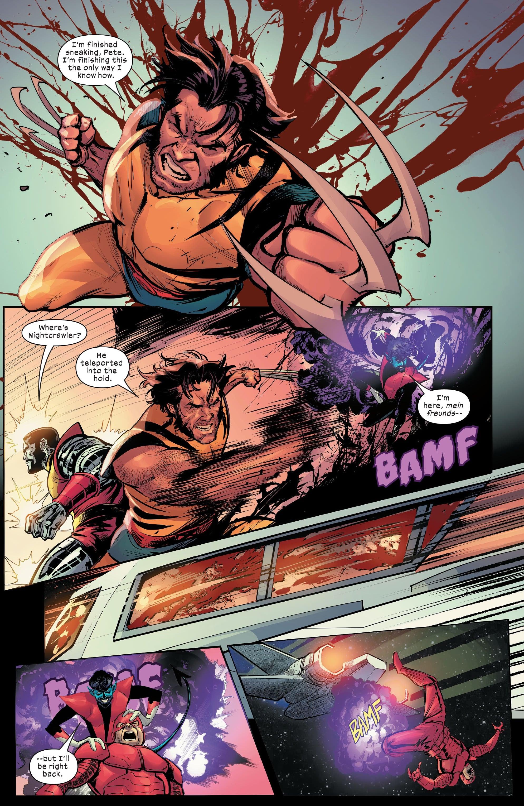 Wolverine, Colossus, and Nightcrawler launch a three-man assault on an Orchis space station in Fall of the House of X Vol. 1 #2 "Long Games End" (2024), Marvel Comics
