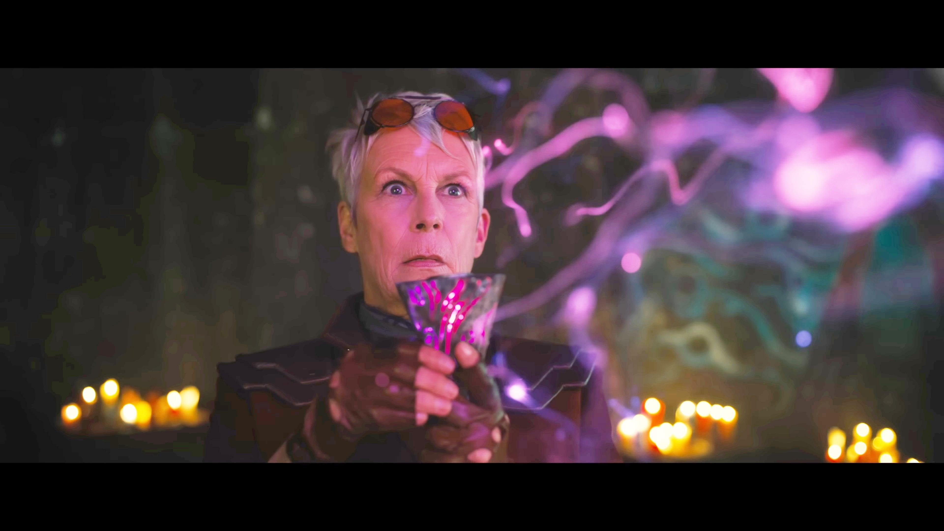 Dr. Tannis (Jamie Lee Curtis) makes a discovery in Borderlands (2024), Lionsgate