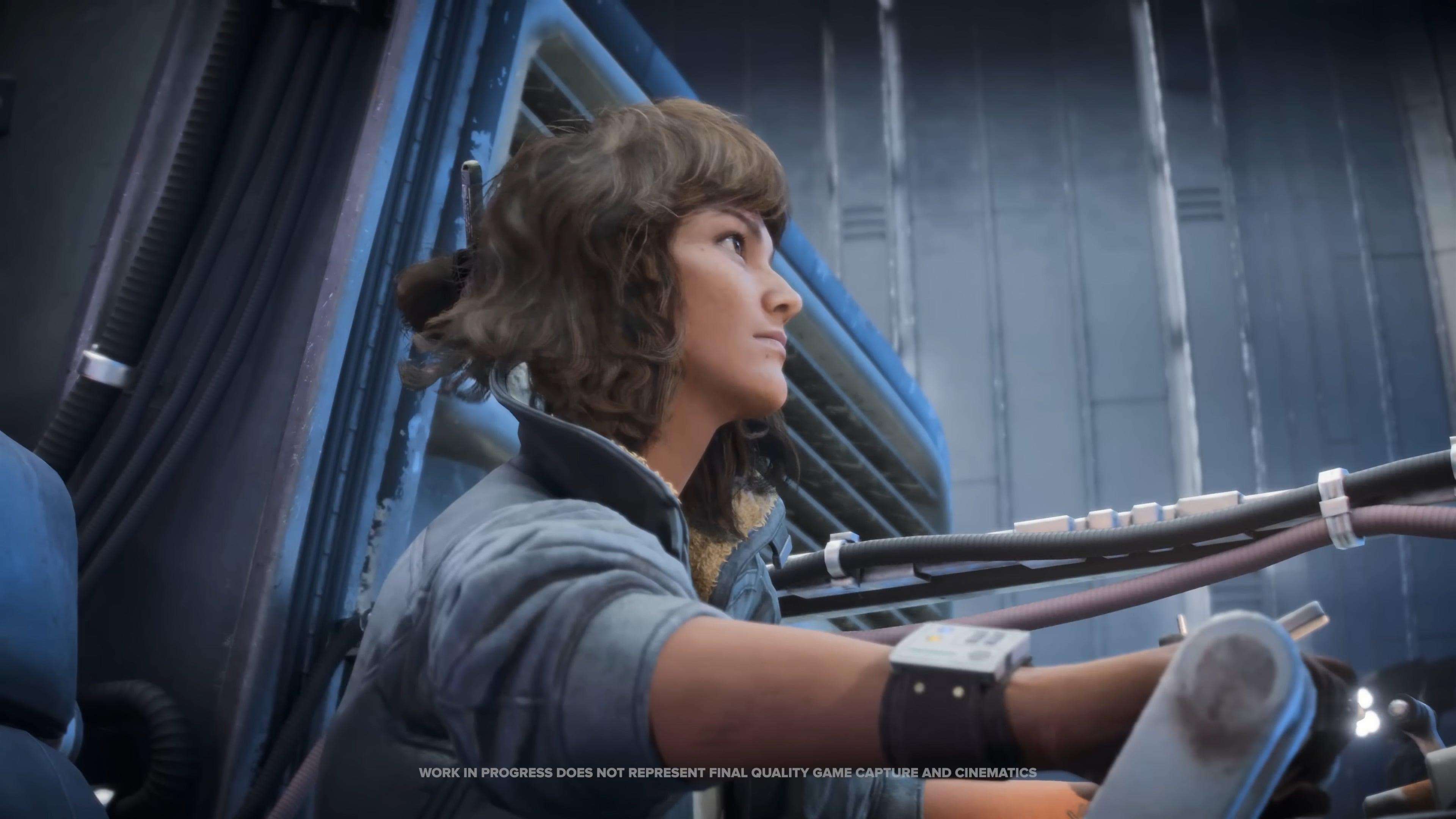 Kay Vess (Humberly González) prepares to take-off from inside an Imperial Star Destroyer in Star Wars Outlaws (2024), Ubisoft