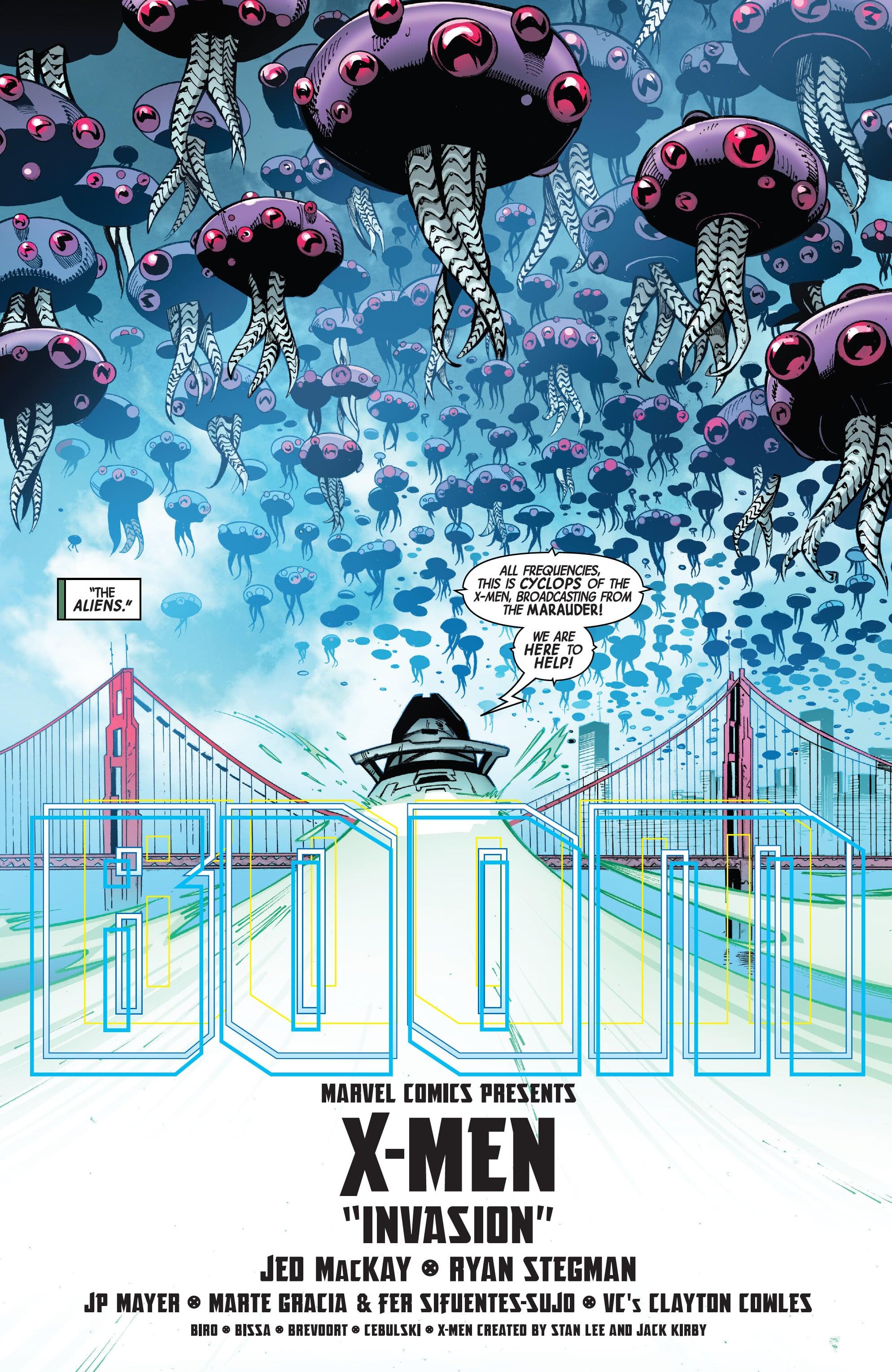 Things are off to an invasive start in X-Men Vol. 7 #2 “Invasion” (2024), Marvel Comics. Words by Jed MacKay, art by Ryan Stegman, JP Mayer, Marte Gracia, and Clayton Cowles.