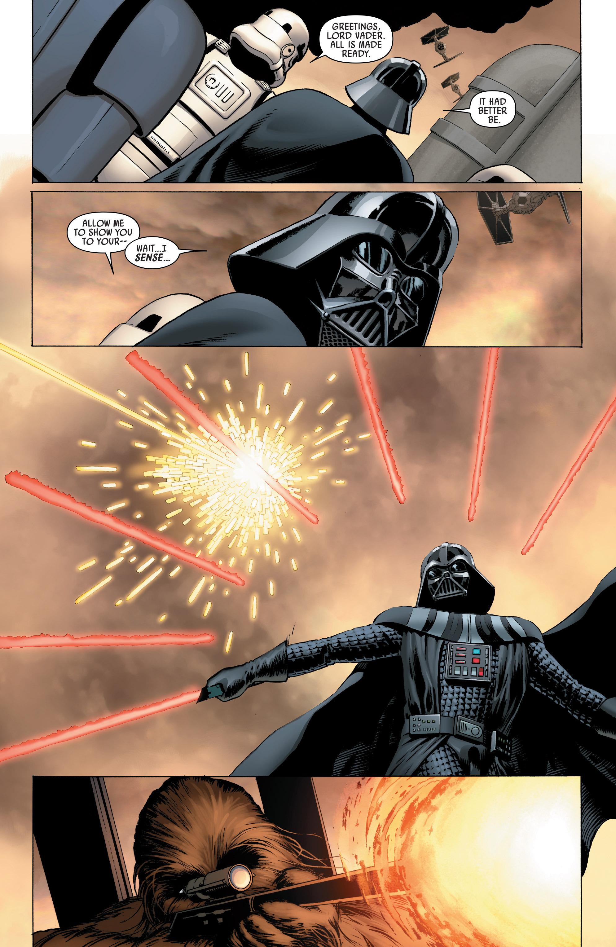 Darth Vader deflects a sniper's laser bolt in Star Wars Vol. 2 #1 "Book I: Skywalker Strikes, Part I" (2015), Marvel Comics. Words by Jason Aaron, art by John Cassaday, Laura Martin, and Chris Eliopoulos.
