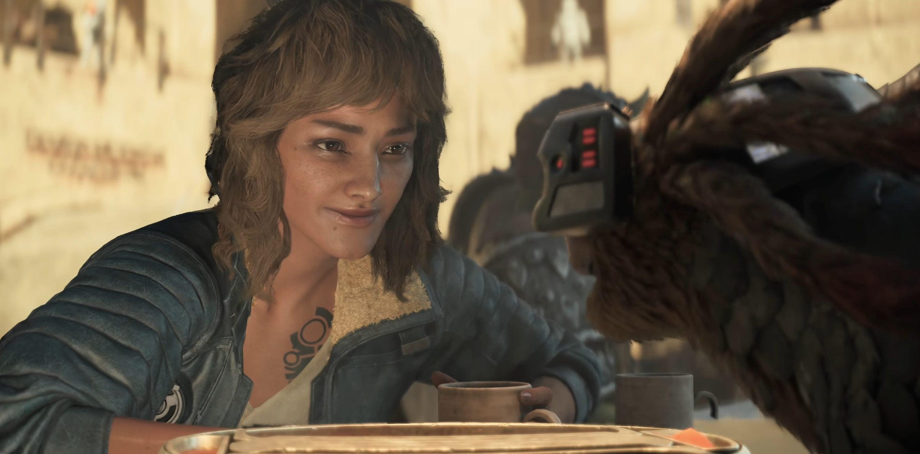 Kay Vess (Humberly González) and Nix grab a bite to eat in Star Wars Outlaws (2024), Ubisoft